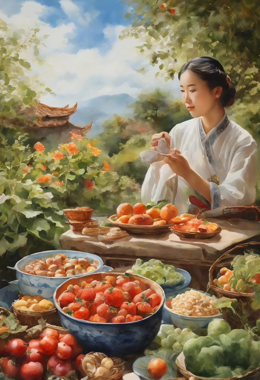 In the garden,There is Zhang Muxi,There is abundant food on top,Blue sky and white clouds,watercolor
