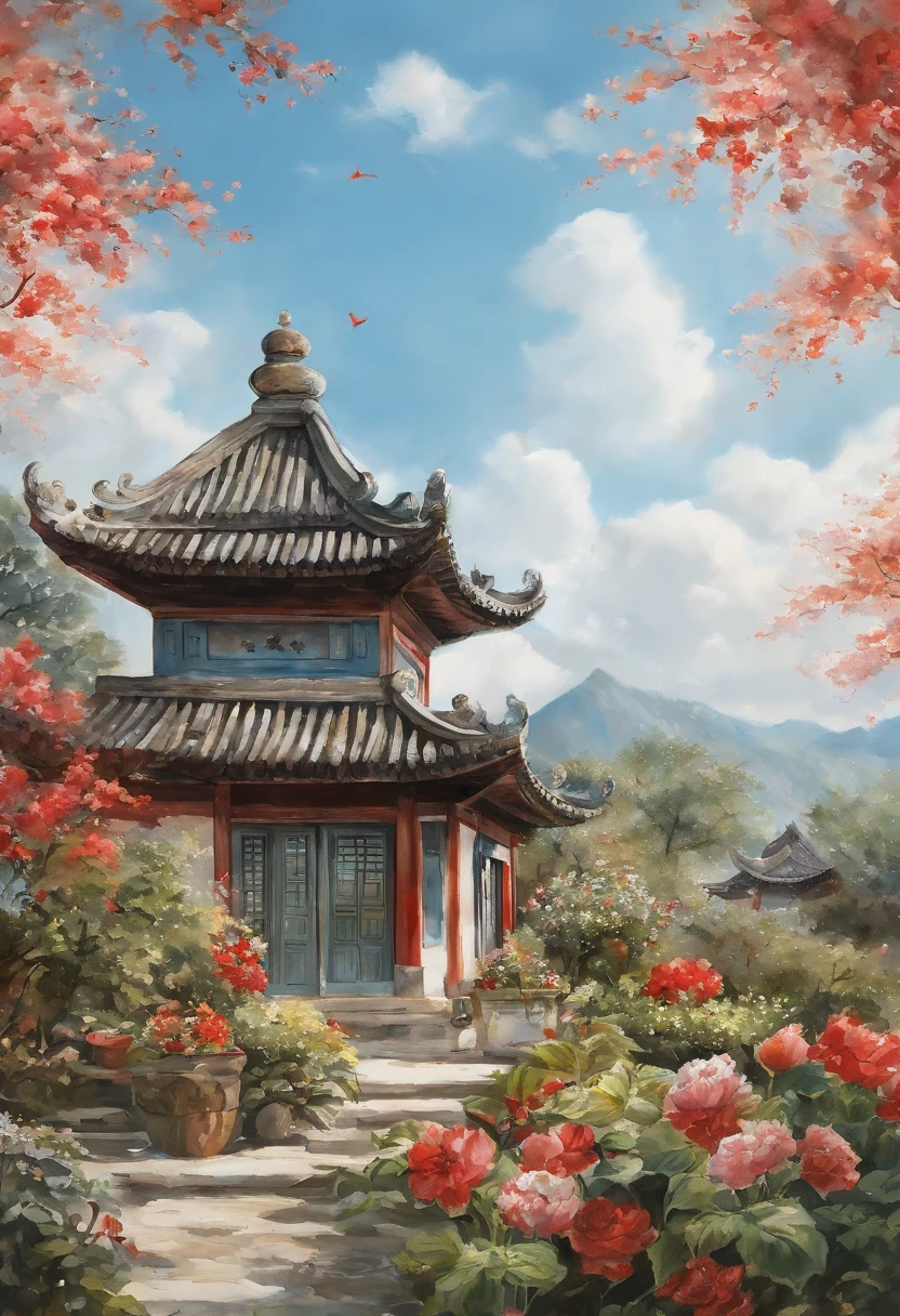 In the garden,There is Zhang Muxi,There is abundant food on top,Blue sky and white clouds,watercolor