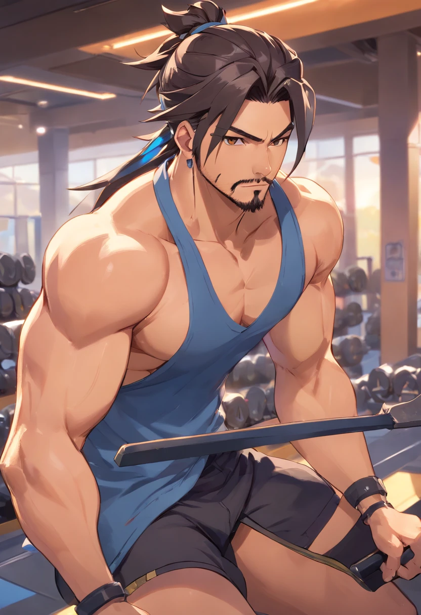 Hanzo Overwatch, Picking up heavy in a bodybuilding gym, well-defined muscles, perfect biceps, focus in muscles, incredible details