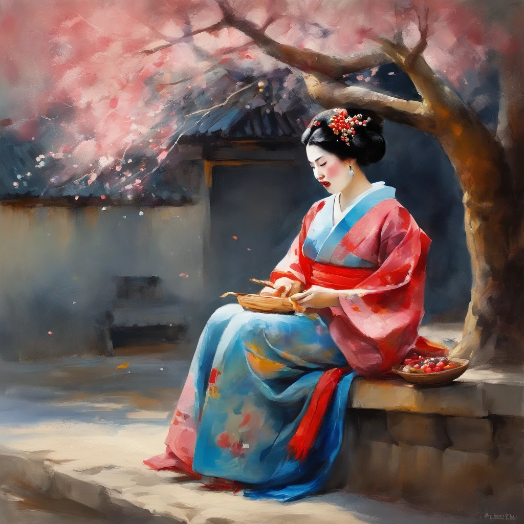 Maiko in bright kimono resting under a cherry tree、gentle face、a smile、Old Japanese style cinematic, low angle photo, Motion Blur, depth of fields, Dust, Cobblestones and soil. Splash Art, Drip paint. Perfect color grading. Influence of Karel Appel and Jeremy Mann, Lots of dramatic and threatening scenes, ultra-detailliert, Beautiful, insanely detaileda, Intricate details, Editorial Photography, Shot with a 50mm lens, depth of fields, Tilt Blur, Shutter Speed 1/1000, F/22. Lightmaps, Super bright