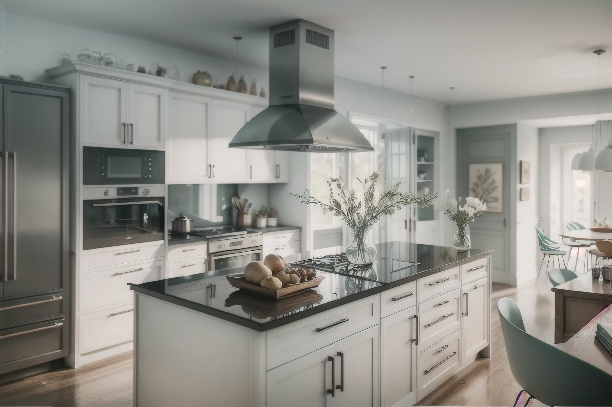 hyper realistic, 4k, modern interior design kitchen, middle class, white wall, home in St. Pete Florida