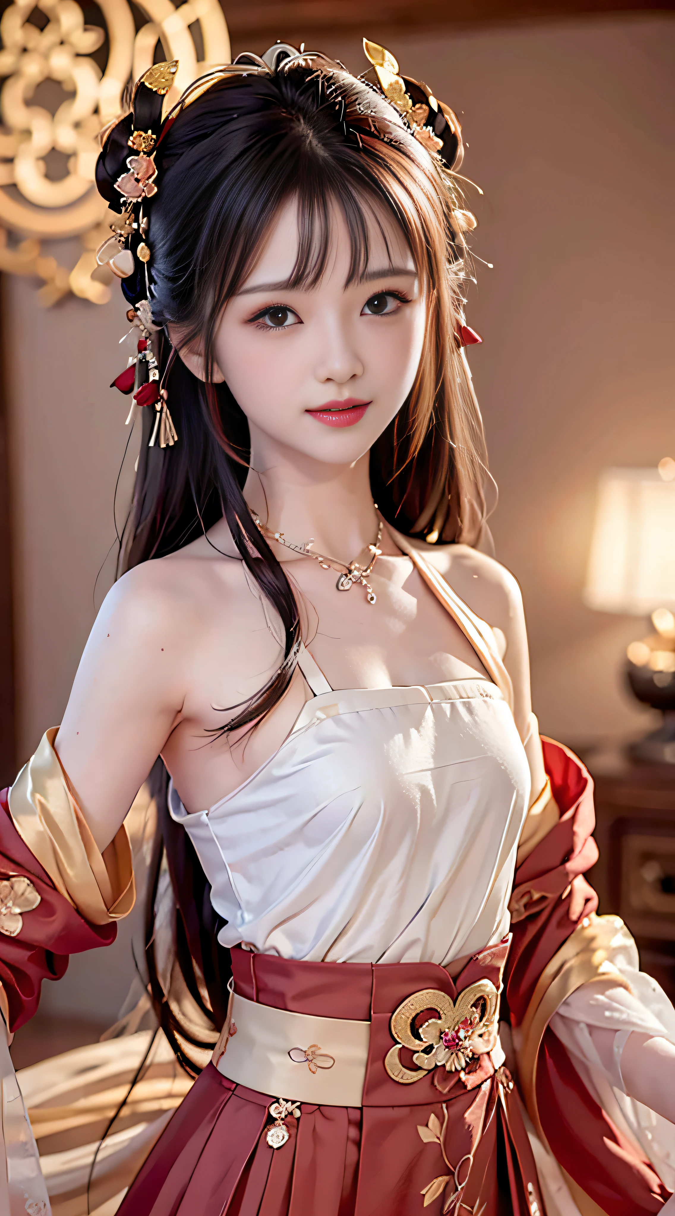 best quality, masterpiece, highres, 1girl,blush,(seductive smile:0.8),star-shaped pupils,red china hanfu,hair ornament,necklace, jewelry,Beautiful face,upon_body, tyndall effect,photorealistic, dark studio, rim lighting, two tone lighting,(high detailed skin:1.2), 8k uhd, dslr, soft lighting, high quality, volumetric lighting, candid, Photograph, high resolution, 4k, 8k, Bokeh,(small head)