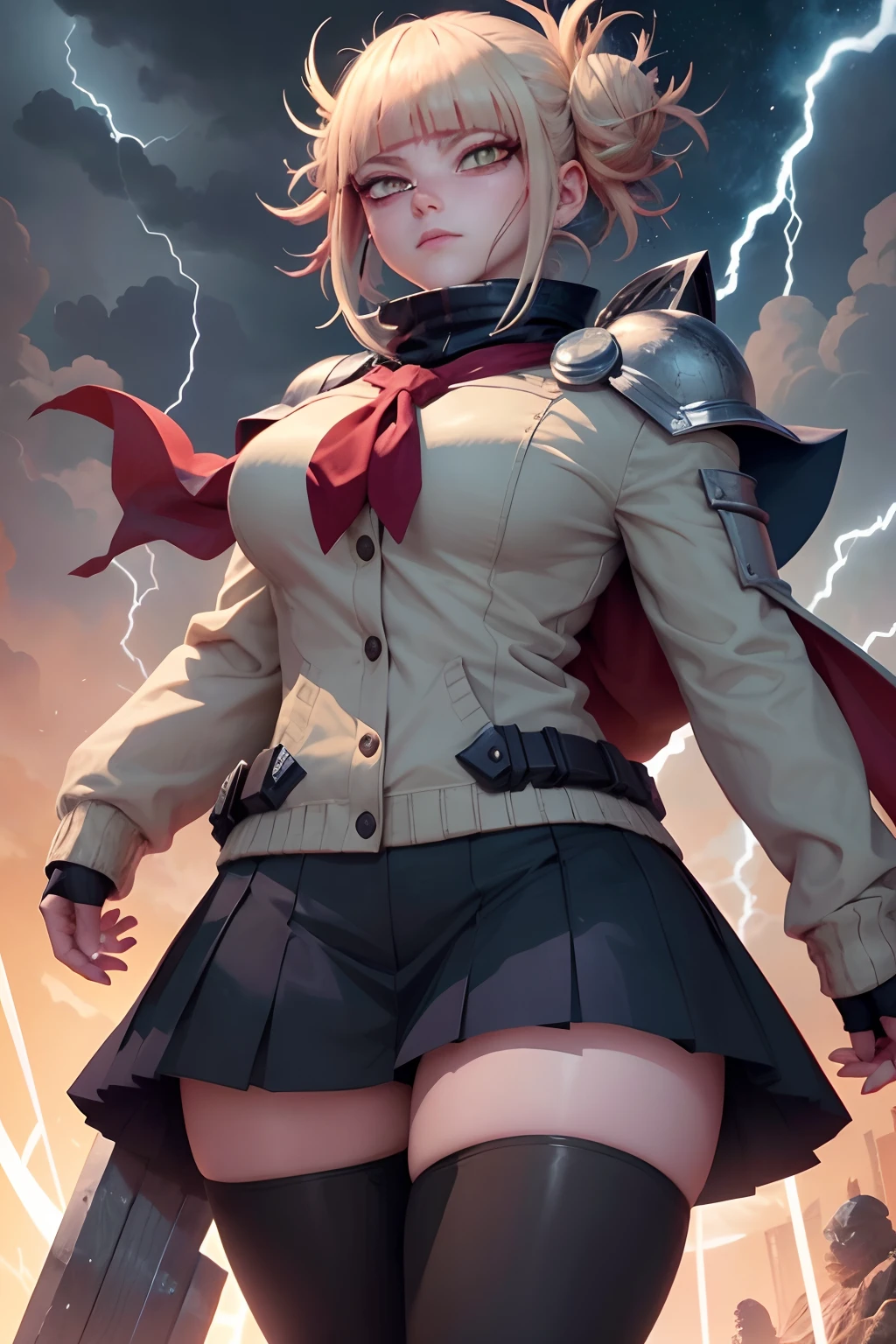 Imagina y describe un ser fusionado formado por Toga Himiko, the chameleonic villain from My Hero Academia, y Thor, el dios del trueno de Marvel. It details how this combined entity takes on the appearance of a divine, sinister warrior.., describiendo su ropa, cara, and distinguishing features. Entonces, Explore the unique abilities and powers this being possesses, How they use their shapeshifting and thunder control skills,