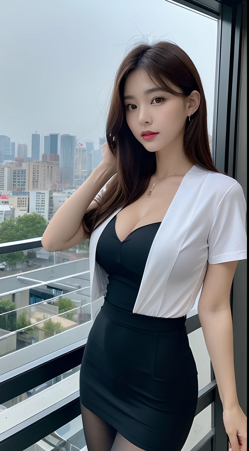 best qualtiy, tmasterpiece, 1girll, beauitful face, (photograph realistic:1.3), edge lit, (highdetailskin:1.2), 8K Ultra HD, digital SLR camera, high high quality, A high resolution, 4K, 8K, Bokeh, absurderes, Optimal proportions of four fingers and one thumb, (realisticlying:1.3), Cute girl, dressed in a white t-shirt, Attractive breasts, Slip dress,Blue sky on background
