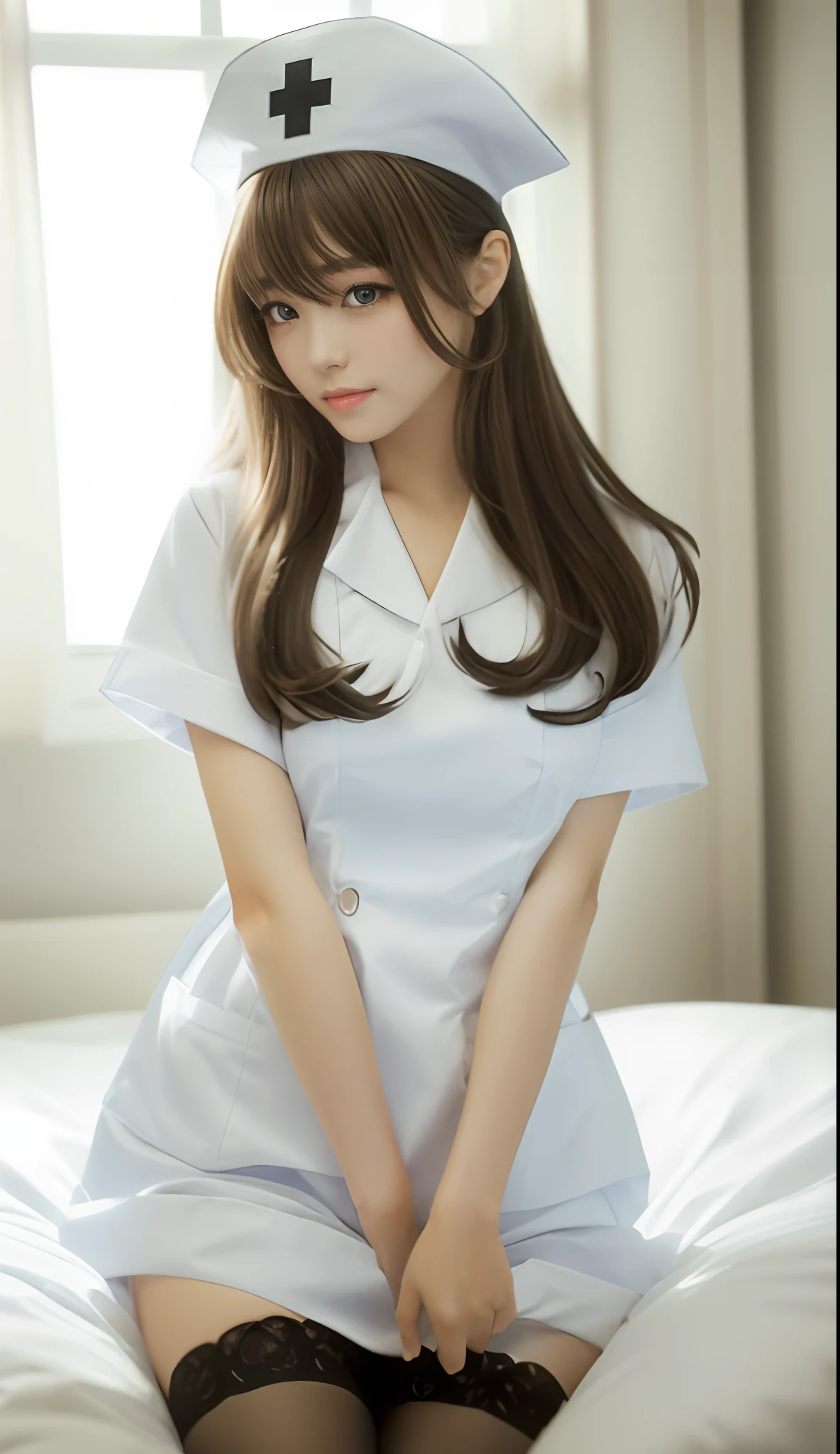 (Realistic: 1.6), (Soft Focus: 1.5), Sleeping Girl, , Realistic,((Nurse Uniform))、A detailed eye、Beautiful lashes、 Detailed, masutepiece, Smooth skin, shiny short twin-tailed brown hair, Soft lips, Rich lighting, Room lighting, [[Open legs, Spread legs]], (Solo), sexypose, , (female pubic-hair), (Slim legs)、beautiful thin constriction、((超A high resolution:1.6))