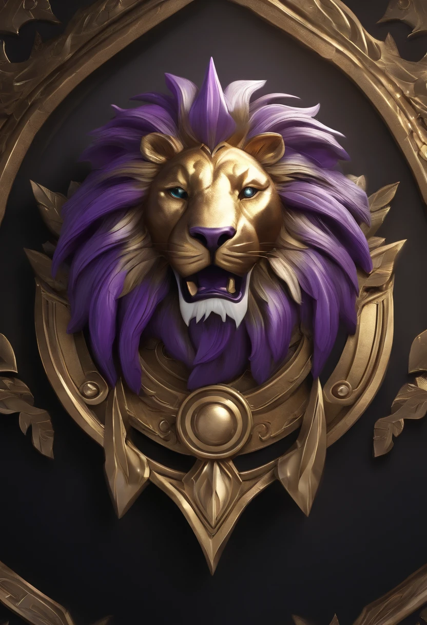 Closeup of game medallion and crown with metal lion head,, Hearthstone Art Style, Hearthstone Style Art, hearthstone concept art, Riot Games Concept Art, style of league of legends, iconic character splash art, league of legends champion,metallic shield,Game Badges,Perimeter metal feathers,Purple Gold,C4D Rendering,Lumpy metal hair
