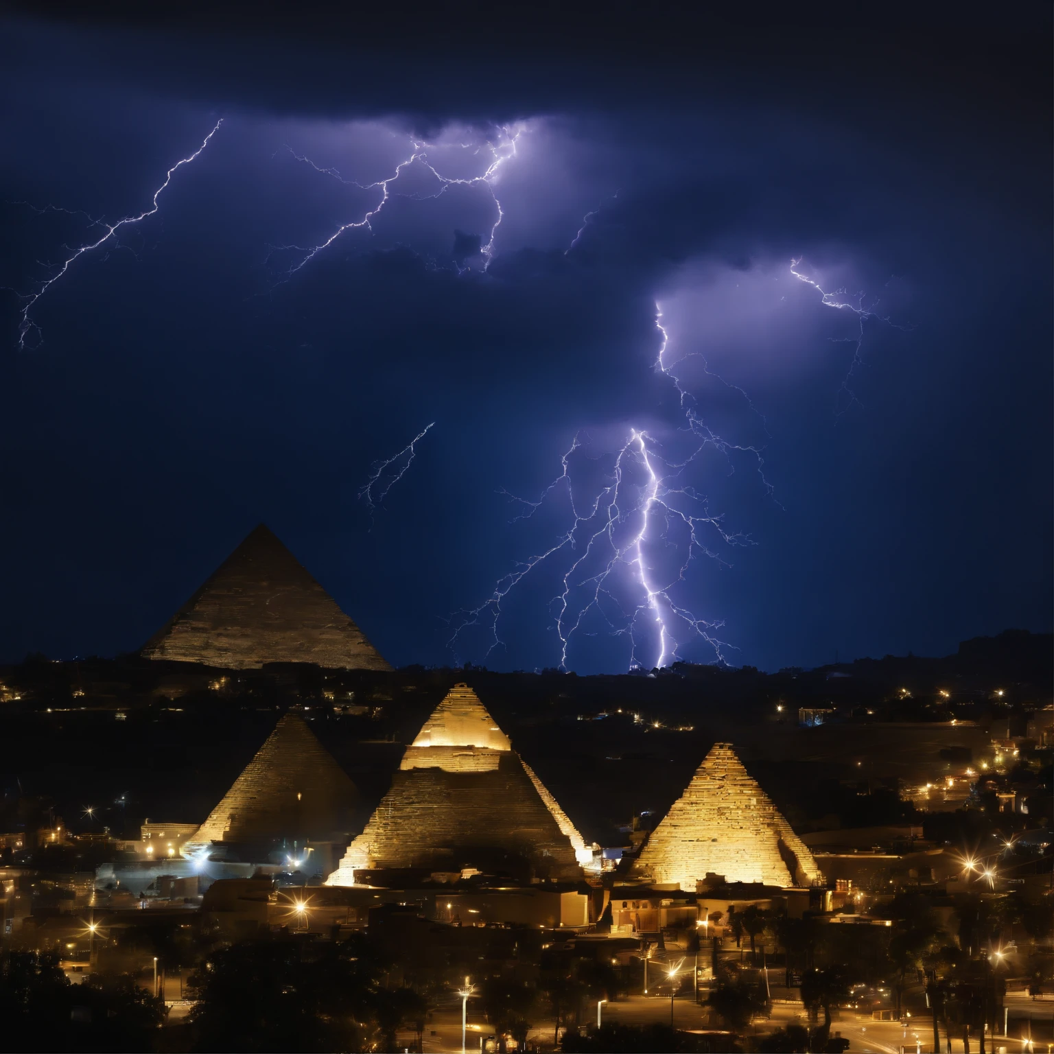 Master Parts、Superior Quality、superior image quality、The 8k quality、Beautiful photos of lightning:1.9、magnifica、(Pyramids:1.9)、(((Dramatic Lightning:1.9))), Blue lightning:1.9