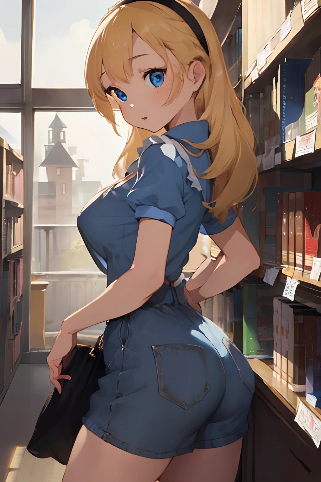 (masterpiece、top-quality;1.3)、ighly detailed、1girl in、atlibrary、alice liddell、Black Hair Band、Blonde long hair、big breast beauty、barechested、s ass、ssex