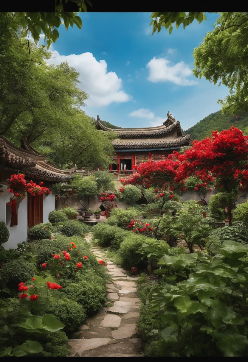 In the garden,There is Zhang Muxi,There is abundant food on it,Blue sky and white clouds,