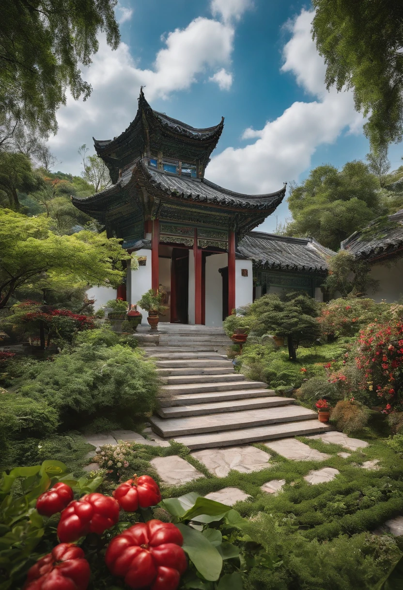 In the garden,There is Zhang Muxi,There is abundant food on it,Blue sky and white clouds,