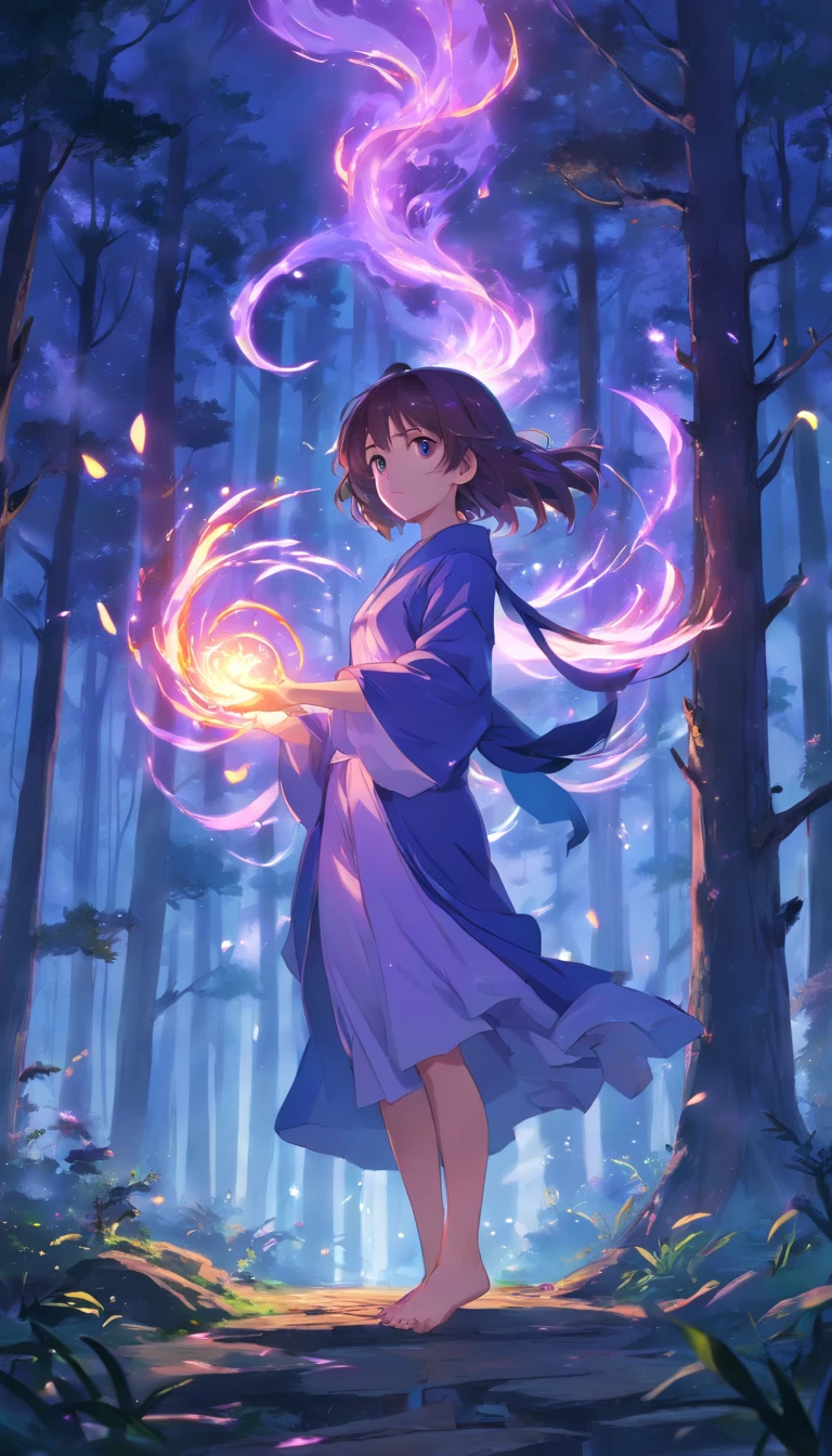 In the middle of an ancient forest and covered with vegetation, The essence of magic takes shape through a young man, her hair as light as snow and her eyes a radiant pink flame. A mystical mark adorns his neck, cintilante com poder latente. Dentro de uma clareira, He is engulfed by a cascading torrent of purple flames, o calor do fogo temperado por uma energia sobrenatural. Like the magic fire spirals and dances, evokes a spinning dance of luminous particles, each a fragment of his ethereal aura. Arcane symbols materialize in the air, its glow casting a sinister light on his intense focus. The scene exudes a sense of ancient power and occult knowledge, As if the woods themselves were alive with long-forgotten secrets. The atmosphere is of serene intensity, where the balance of nature and magic intertwine. The illustration style captures this mystical aura through detailed digital art, combinando linhas intrincadas com paletas de cores vibrantes. --AR 16:9 --V 5