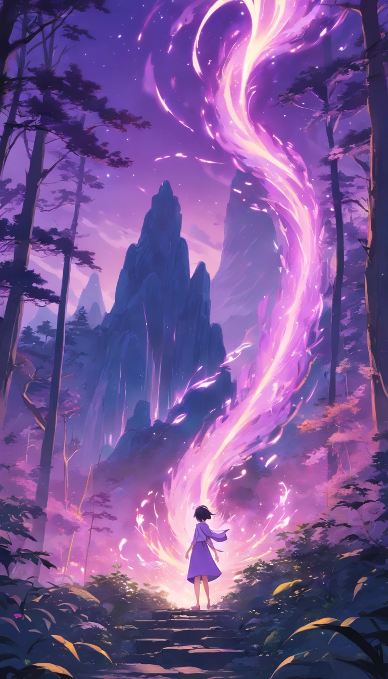 In the middle of an ancient forest and covered with vegetation, The essence of magic takes shape through a young man, her hair as light as snow and her eyes a radiant pink flame. A mystical mark adorns his neck, cintilante com poder latente. Dentro de uma clareira, He is engulfed by a cascading torrent of purple flames, o calor do fogo temperado por uma energia sobrenatural. Like the magic fire spirals and dances, evokes a spinning dance of luminous particles, each a fragment of his ethereal aura. Arcane symbols materialize in the air, its glow casting a sinister light on his intense focus. The scene exudes a sense of ancient power and occult knowledge, As if the woods themselves were alive with long-forgotten secrets. The atmosphere is of serene intensity, where the balance of nature and magic intertwine. The illustration style captures this mystical aura through detailed digital art, combinando linhas intrincadas com paletas de cores vibrantes. --AR 16:9 --V 5