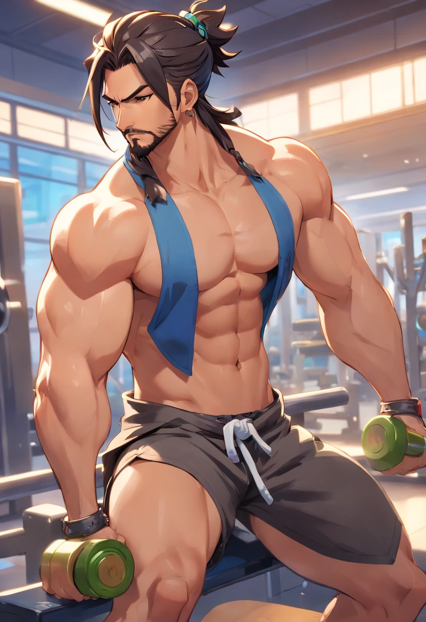 hanzo Overwatch, Picking up heavy in a bodybuilding gym, well-defined muscles, perfect biceps, focus in muscles, incredible details