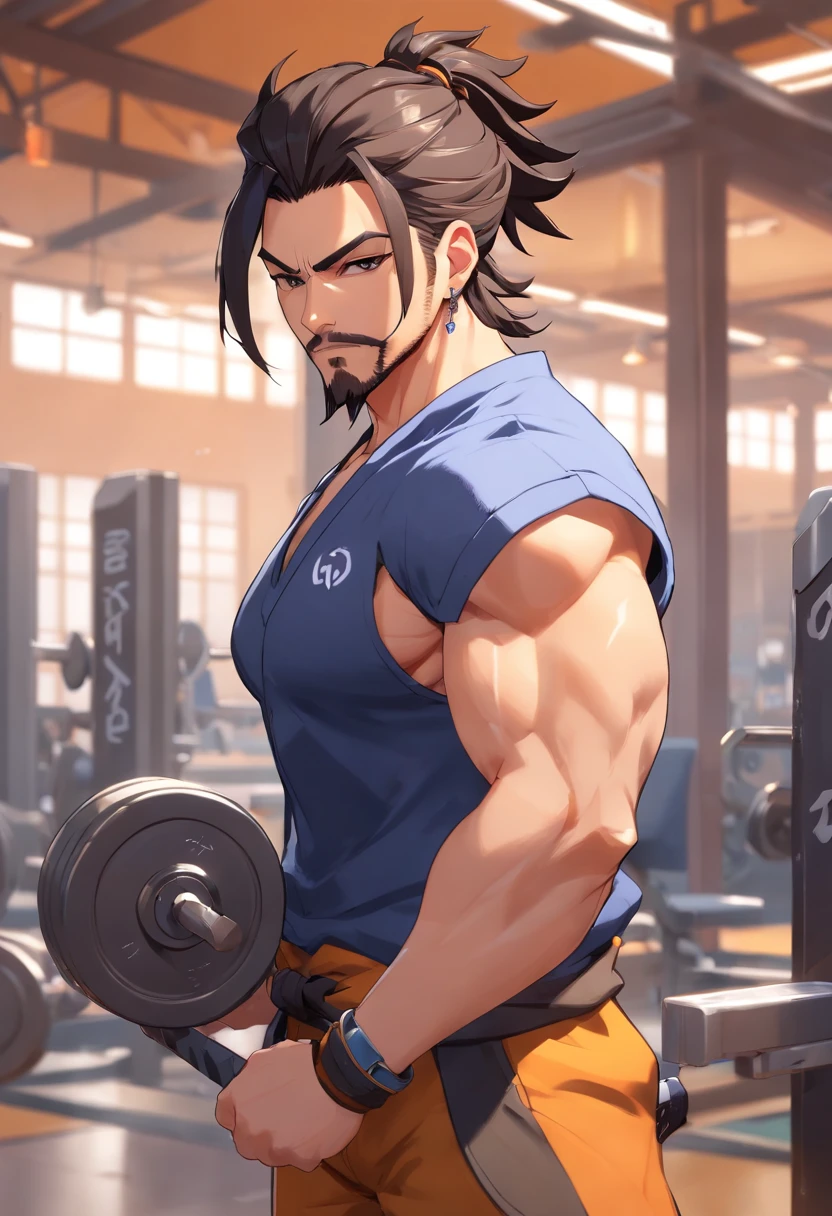 hanzo Overwatch, corpo inteiro,Picking up heavy in a bodybuilding gym, well-defined muscles, perfect biceps, focus in muscles, incredible details