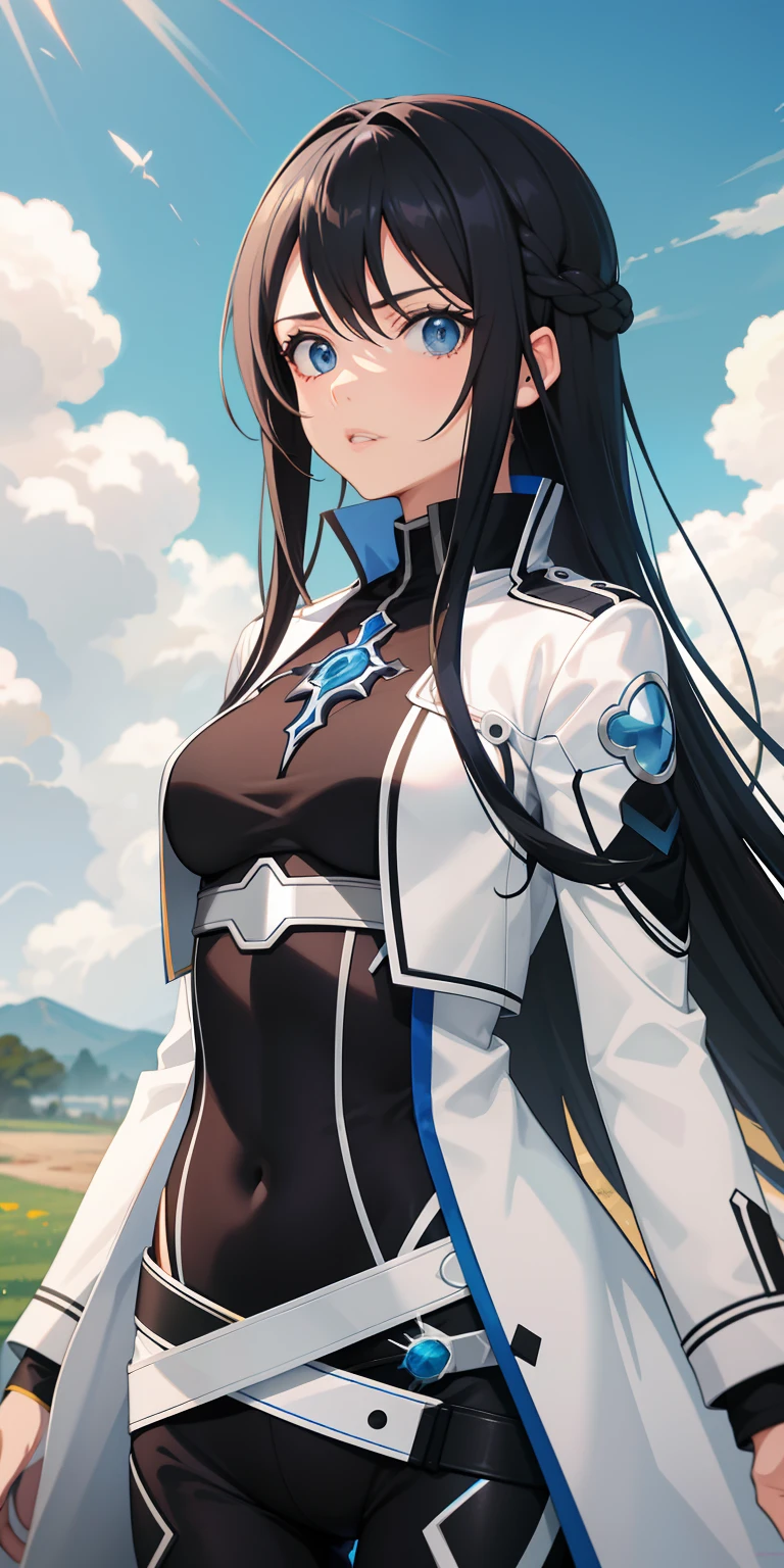 garota,olhos azuis,jaqueta preta,camisa branca,cabelos pretos longos ,estilo anime,kirito,sao