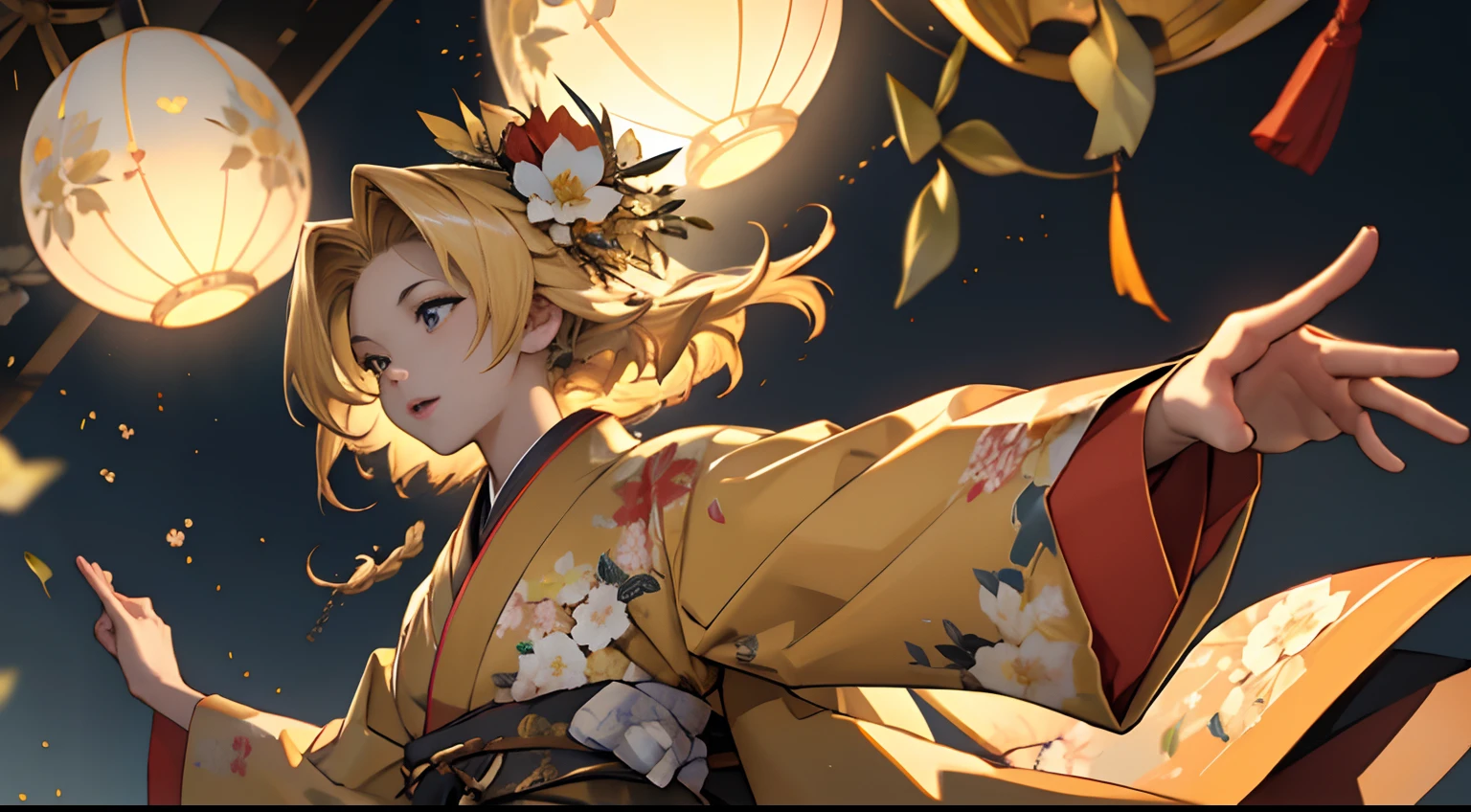 ((​masterpiece)),((top-quality))、Original Characters、Gold coat color、Kimono、Floral hair ornament、blondehair、Arms outstretched、Flowing in the wind、Working with Lights