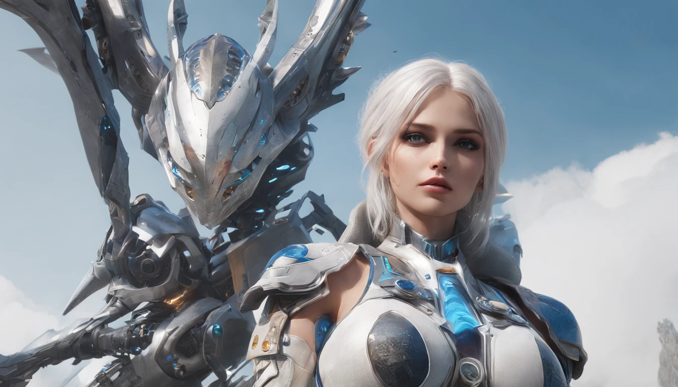 Cirilla Fiona Elen Riannon,Highest image quality,Outstanding details,超高分辨率,(Fidelity:1.4), Favor the details,closeup cleavage,Ride a dragon,High-tech dragon knight mech,He has a delicate and beautiful face,((Blue-white flying semi-mechanical fuselage:1.8)),Raised sexy,frontage,Cidade futuristica,mechanically aesthetic,Virtual Engine 5,Perfect detail rendering,rendering by octane,hyper HD
