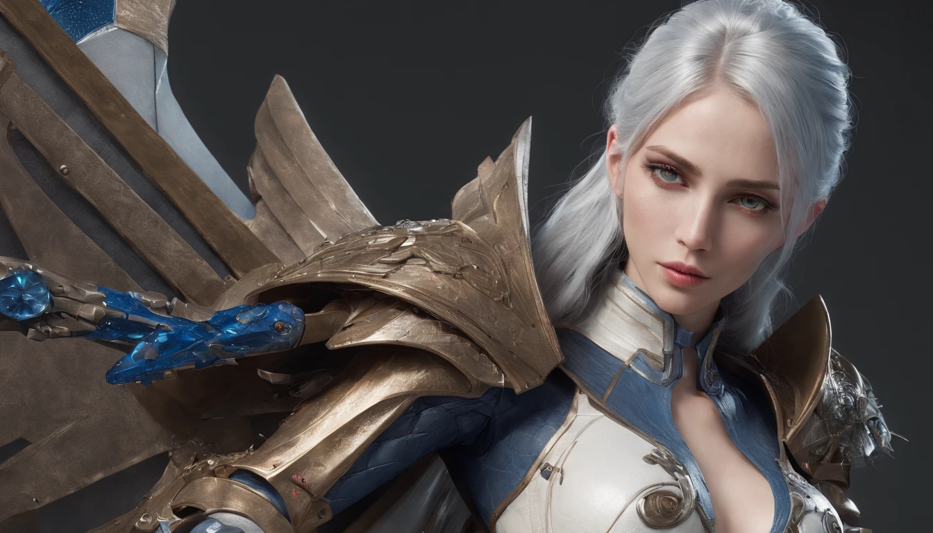 Cirilla Fiona Elen Riannon，Highest image quality，Outstanding details，超高分辨率，（Fidelity：1.4）, Favor the details，closeup cleavage，Ride a dragon，High-tech dragon knight mech，He has a delicate and beautiful face，（（Blue-white flying semi-mechanical fuselage：1.8）），Raised sexy，frontage，Cidade futuristica，mechanically aesthetic，Virtual Engine 5，Perfect detail rendering，rendering by octane，hyper HD
