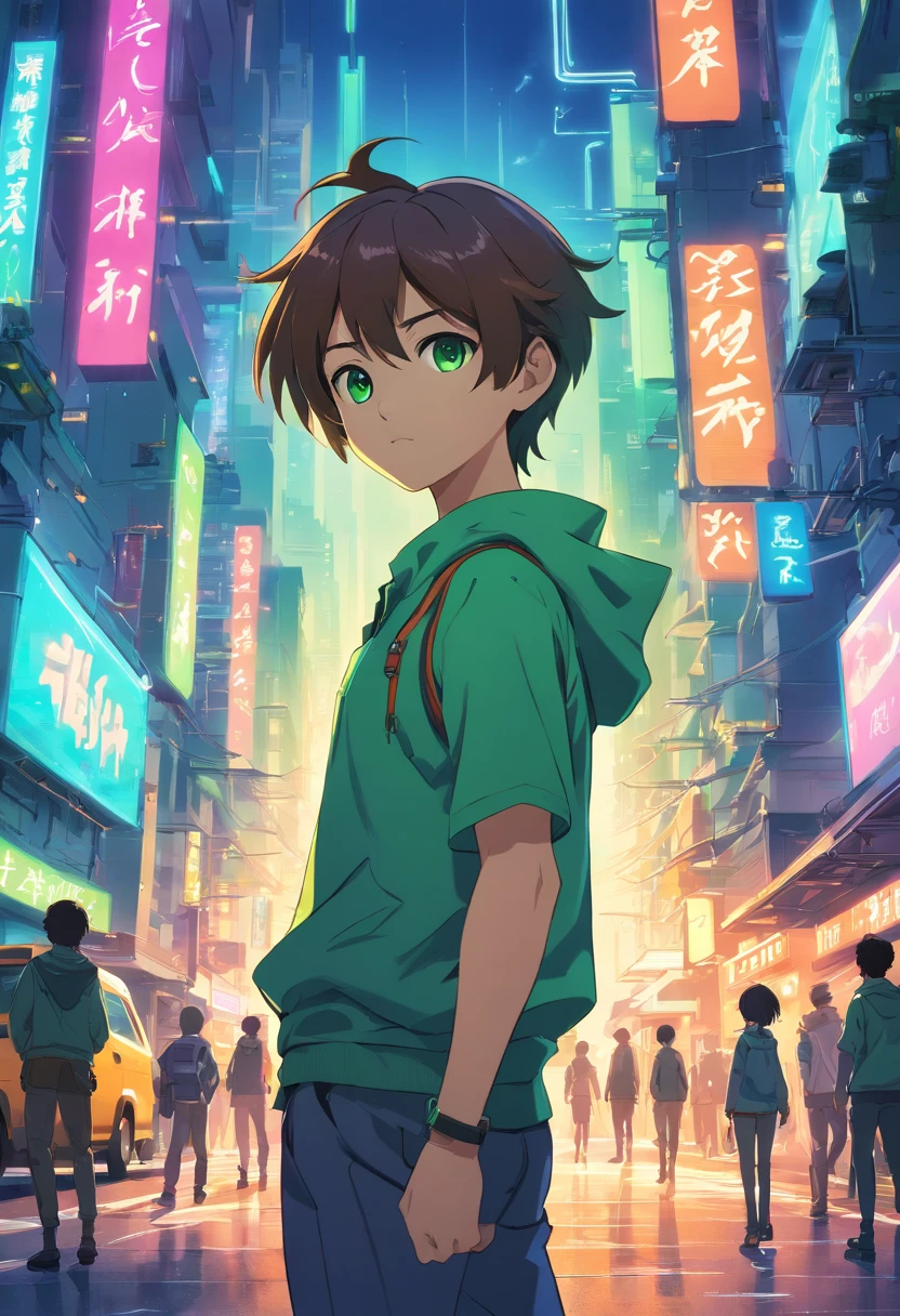 best quality,ultra-detailed,realistic:1.37,portrait,character design,Ben 10,boy,teenager,action scene,confident expression,green eyes,short messy hair,black shirt and pants,watch on wrist,alien superpowers,omnitrix glowing,transformation,giant alien forms,explosions,extraterrestrial enemies,futuristic cityscape,sci-fi style,brilliant colors,strong highlights and shadows,vibrant energy,neon lights,adventure,excitement