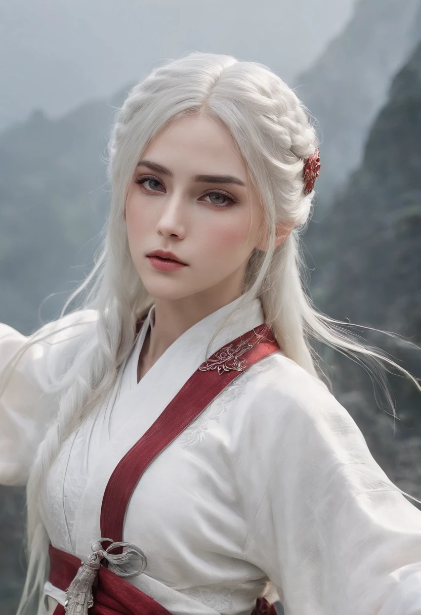 Cirilla Fiona Elen Riannon,动态照明,art stations,poster for,Volumetriclighting,Very detailed faces,4k wallpapers,He has a delicate and beautiful face,long hair flowing,horse tailed,Fringed Hair Ornament,Dynamic perspective,White Hanfu,White gauze flying,red waistband,Sexy,Tradition Chinese Ink Painting,Surrounded by clouds,fog atmosphere,Ride a white dragon,White dragon horn,dynamic viewing angle,电影灯光