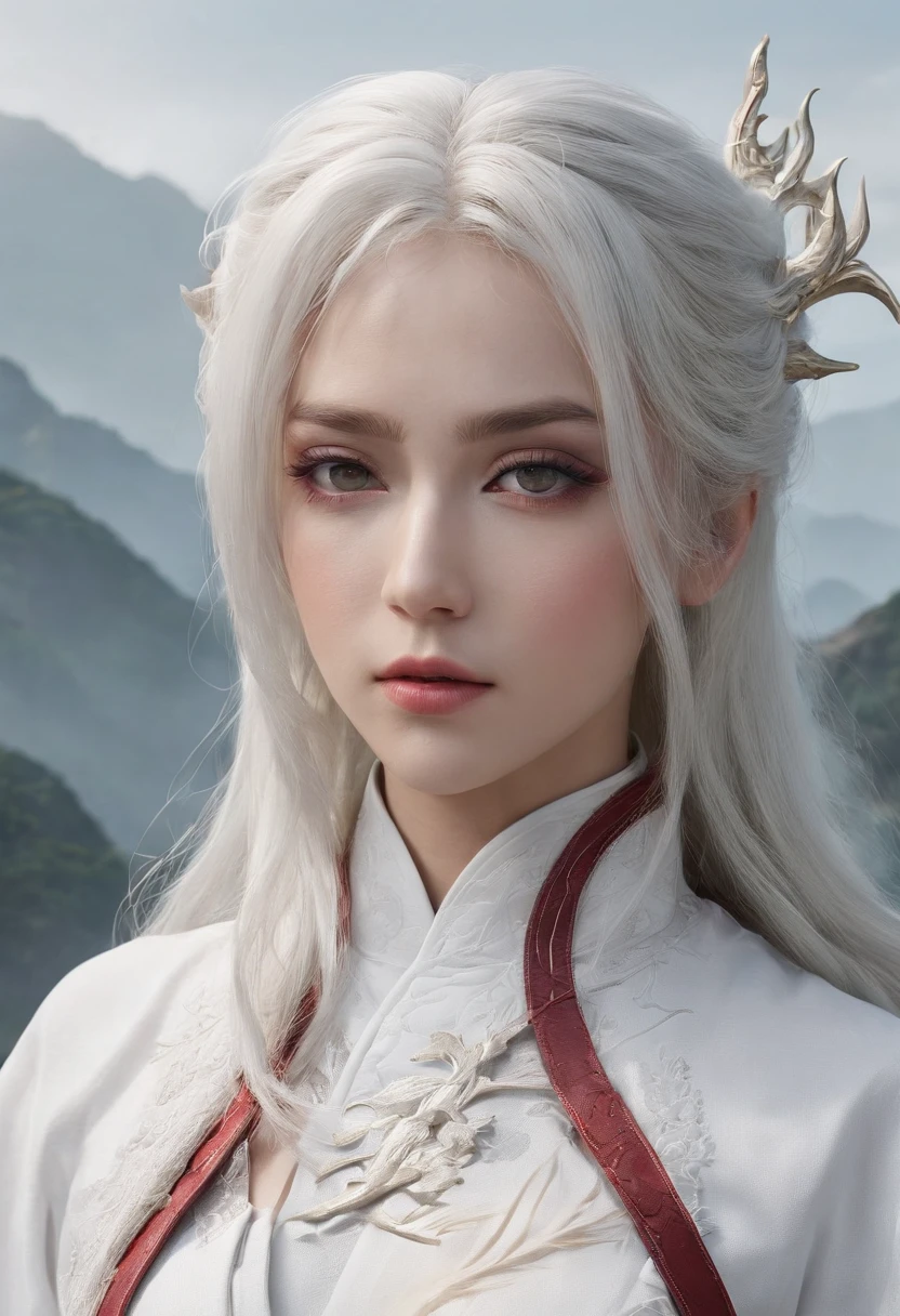 Cirilla Fiona Elen Riannon，动态照明，art  stations，poster for，Volumetriclighting，Very detailed faces，4k wallpapers，He has a delicate and beautiful face，long hair flowing，horse tailed，Fringed Hair Ornament，Dynamic perspective，White Hanfu，White gauze flying，red waistband，Sexy，Tradition Chinese Ink Painting，Surrounded by clouds，fog atmosphere，Ride a white dragon，White dragon horn，dynamic viewing angle，电影灯光