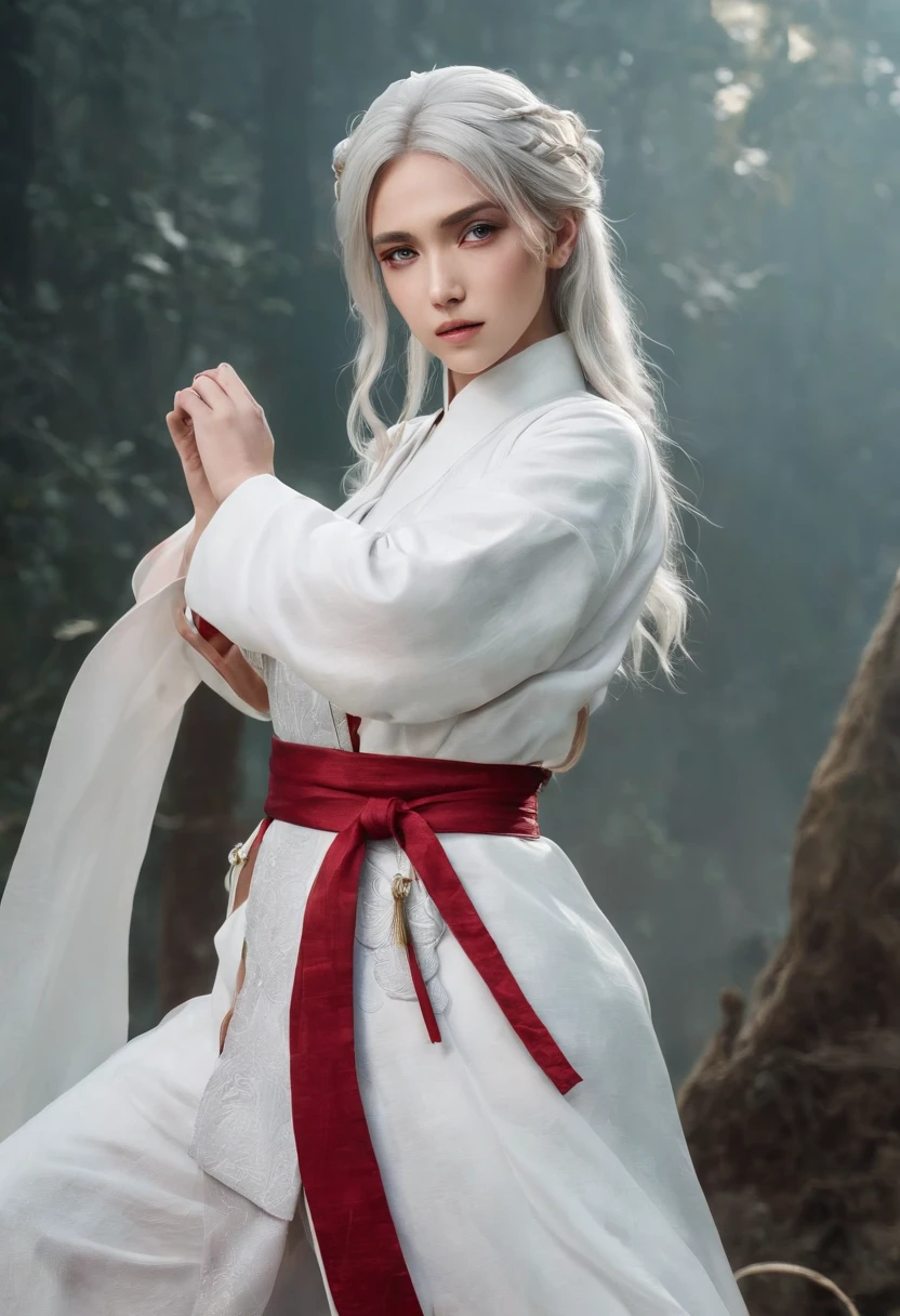 Cirilla Fiona Elen Riannon,动态照明,art stations,poster for,Volumetriclighting,Very detailed faces,4k wallpapers,He has a delicate and beautiful face,long hair flowing,horse tailed,Fringed Hair Ornament,Dynamic perspective,White Hanfu,White gauze flying,red waistband,Sexy,Tradition Chinese Ink Painting,Surrounded by clouds,fog atmosphere,Ride a white dragon,White dragon horn,dynamic viewing angle,电影灯光