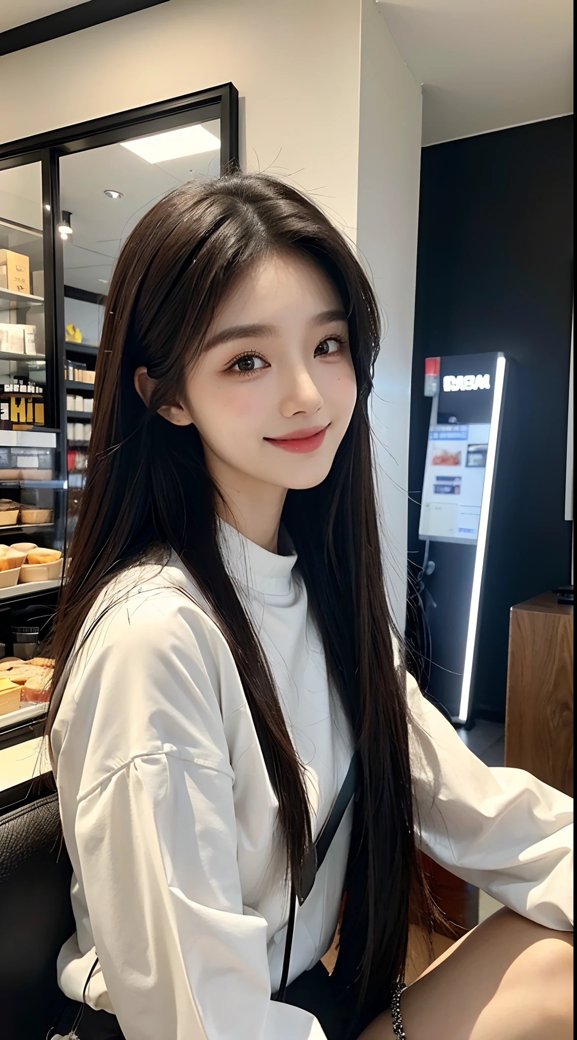 masterpiece、top-quality)、1 beutiful girl、Slim body、((Black and white plain clothes:1.1))、(Detailed beautiful eyes)、Walk around the store、((Boyish Brown Medium Hair))、((Smaller face))、((Neutral face))、((Face seen from the side))、((Light brown eyes))、((Korean Girl))、((18year old))、((cool lady))、((Smiling expression))、((Korean Makeup))、((elongated and sharp eyes))、((Dating))、((looking distantly))、((boyish))、((Shot from the same height as your face))、((Viewers are tall))