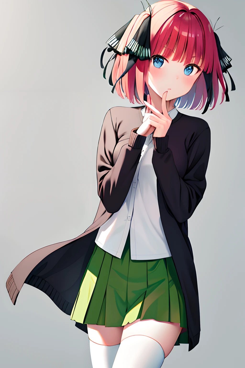 masterpiece, best quality, highres, nn1, 1girl, hair ribbon, short hair, green skirt, white shirt, black cardigan, open clothes, white thighhighs, long sleeves, cowboy shot, standing, waving,
