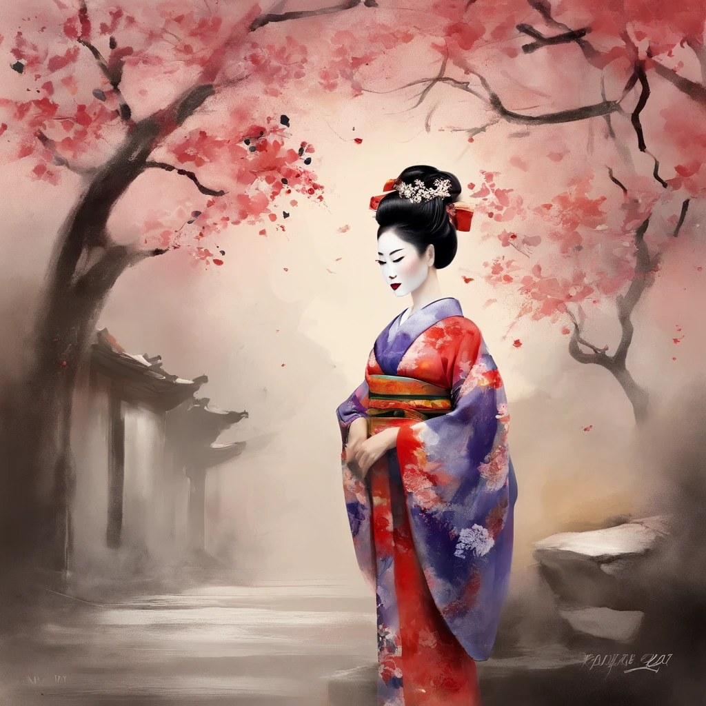 Maiko in a bright kimono resting under a cherry tree, gentle face, smile, old Japanese style Cinematic, low angle photography, motion blur, depth of field, dust, cobblestones and dirt. Splash art, dripping paint. Perfect color grading. Influenced by Karel Appel and Jeremy Mann, Full of dramatic and threatening scenes, Super detailed, Beautiful, Insanely detailed, Intense detail, Editorial photography, Shot with a 50mm lens, Depth of field, Tilt blur, Shutter speed 1 /1000, boobs F/22. Light map, super bright