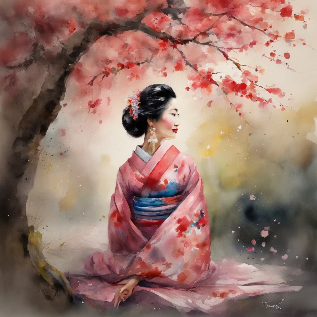 Maiko in a bright kimono resting under a cherry tree, gentle face, smile, old Japanese style Cinematic, low angle photography, motion blur, depth of field, dust, cobblestones and dirt. Splash art, dripping paint. Perfect color grading. Influenced by Karel Appel and Jeremy Mann, Full of dramatic and threatening scenes, Super detailed, Beautiful, Insanely detailed, Intense detail, Editorial photography, Shot with a 50mm lens, Depth of field, Tilt blur, Shutter speed 1 /1000, boobs F/22. Light map, super bright