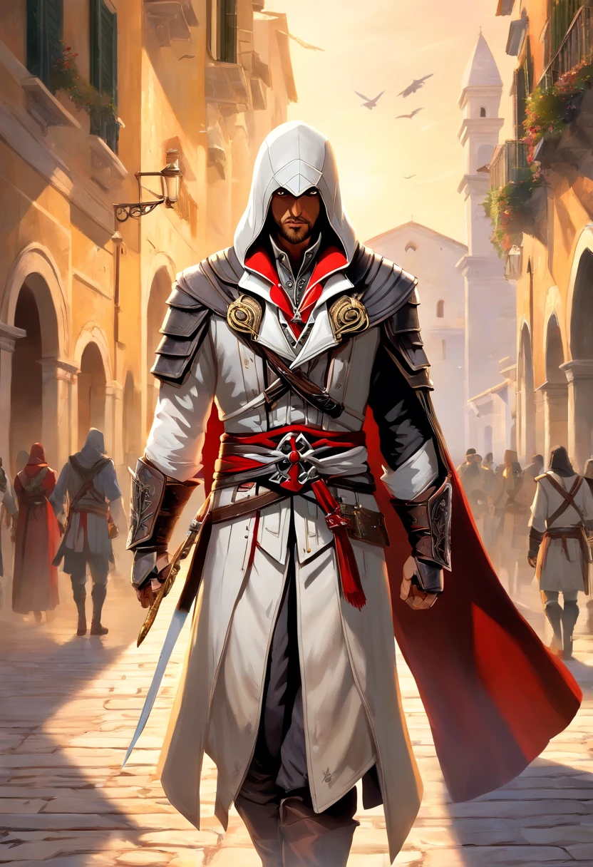 Um retrato requintado de Ezio Auditore, The iconic character from the game series "Credo do Assassino". Capturando sua personalidade feroz e determinada, Esta obra-prima (best quality, 4k, alta resolução) apresenta recursos ultradetalhados, dando vida ao assassino renascentista.
With an impressive blend of oil painting and photorealistic rendering, O meio utilizado nesta obra eleva seu impacto visual. Vibrant colors and sharp focus accentuate every intricate detail, from Ezio's piercing and mesmerizing hazelnut eyes to his defined facial features. os olhos, sendo lindamente detalhado, emit an aura of intelligence and intensity.
Vestido com as tradicionais vestes de assassino, Ezio's look showcases impeccable craftsmanship and attention to detail. The mix of dark tones and touches of gold embroidery adds elegance to the overall composition. The texture of the fabric is realistic, invoking a sense of tactile realism.
Against the backdrop of historic Italian architecture, the scene immerses us in Renaissance Florence, dando um vislumbre do mundo que Ezio habita. The soft glow of the studio lighting highlights its silhouette, creating a dramatic and mysterious atmosphere. Shadows dance intrinsically around you, adding depth and dimension to the composition.
This extraordinary work of art combines the essence of the Assassin's Creed universe and classical art techniques. Ele retrata Ezio de uma forma que incorpora seu charme, furtividade, and unwavering determination. The composition successfully captures the spirit of the game, inviting viewers to embark on an epic journey through Ezio's adventures in the Renaissance world.
Let this art transport you to the captivating realm of Assassin's Creed, where history and fantasy intertwine. Experience the thrill of Ezio Auditore's story, how this masterpiece ignites your imagination and leaves you in awe of the legacy of Assassin's Creed.
