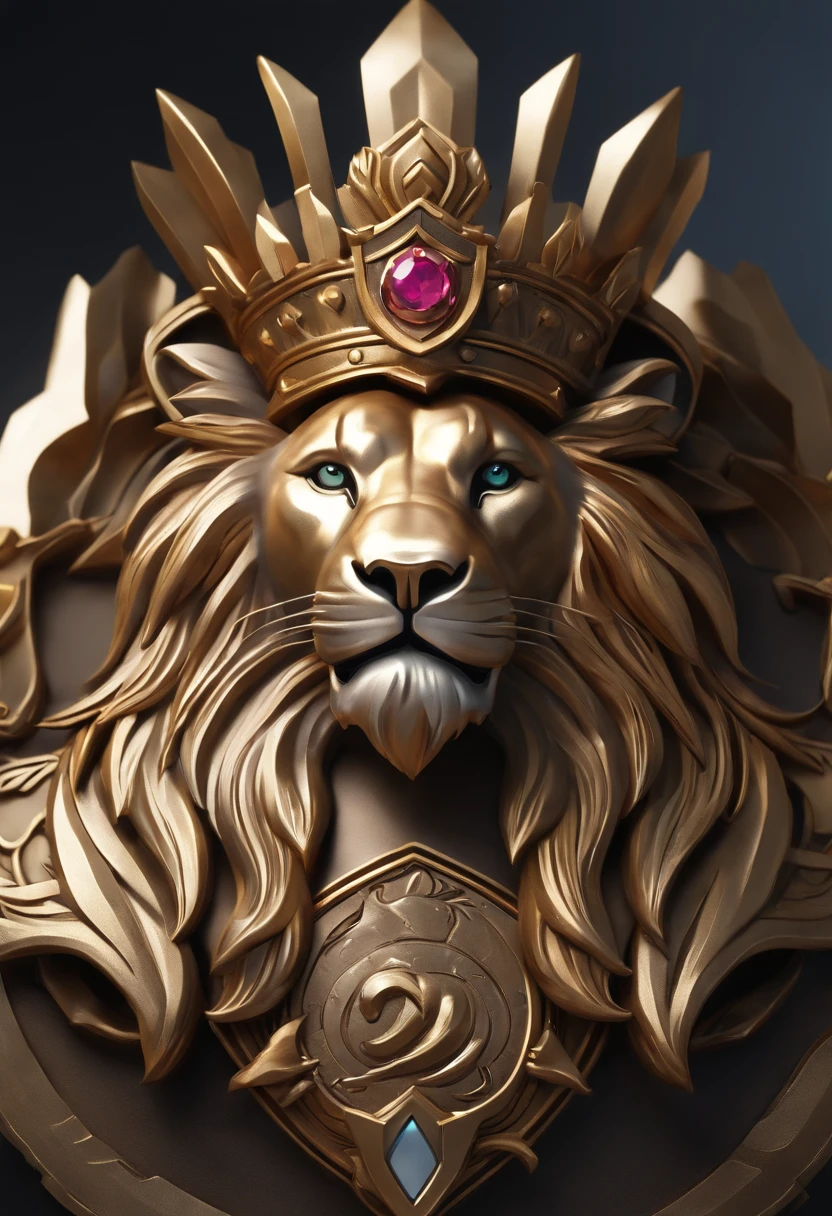 Closeup of game medallion and crown with metal lion head,, Hearthstone Art Style, Hearthstone Style Art, hearthstone concept art, Riot Games Concept Art, style of league of legends, iconic character splash art, league of legends champion,metallic shield,Game Badges,Perimeter metal feathers,PINKGOLD,C4D Rendering,Lumpy metal hair,fluorescent,neons