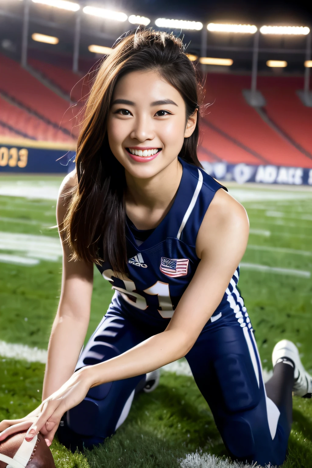 (8K, Raw photo, top-quality, ​masterpiece: 1.2), ​masterpiece, super detailing, Ultra-high decomposition energy A, (Realistic and realistic photos: 1.37), high-definition RAW color photography, Very delicate and beautiful., About Igree, 8K Wallpaper, astonishing, detaileds, extremely detailed eye, highlydetailed skin, extremely detailed fingers, highly detailed nose, highly detail mouth, perfect anatomia,1girl in, (???? American Football Uniforms), a miniskirt,large full ???????,A slender,Toned ????????,Stockings,Keep one's mouth shut、Smile happily、length hair、Braids、largeeyes、Distinct double eyelids、Eye lashes、long neck、Absolute area、Clean collarbone、face perfect、thin lips、a small face、(Gaze towards the viewer、Highlights in the eyes、Light brown eyes、Gloss on lips) , (american football stadium:1.4) jewely, Cute smile,Short hair, Solo, 18year old、hposing Gravure Idol, Perfect Lighting,dynamic ungle, (Intense tackles:1.6),American football game,