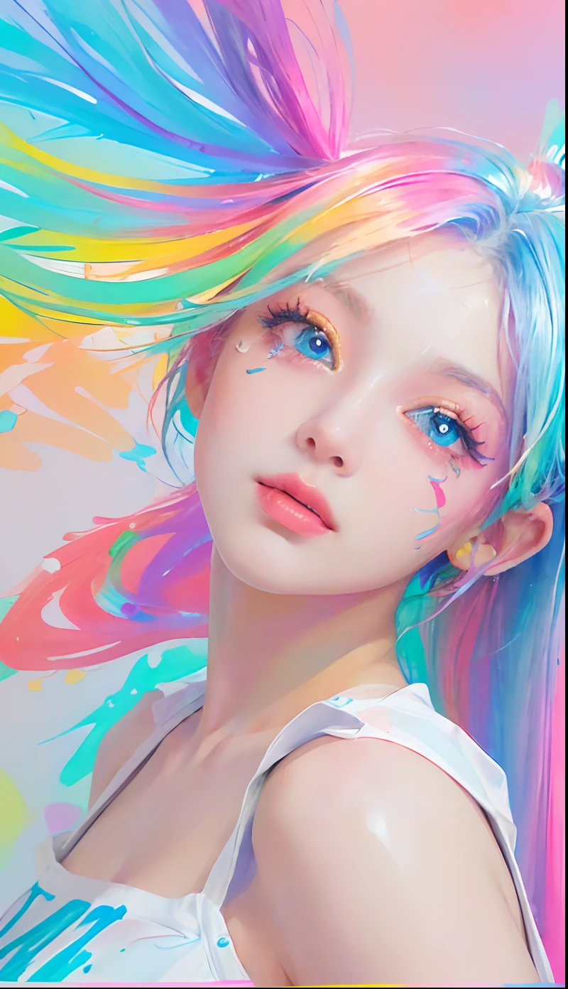 (Pink Fashion T-shirt:1.9),(Colorful hair: 1.8), (all the colours of the rainbow: 1.8),(((((vertical painting:1.6))), (painting:1.6),front, comics, illustrations, paintings, large eyes, crystal clear eyes,( rainbow color gradient high ponytail:1.7), exquisite makeup, closed mouth,(Small Fresh: 1.5),(Wipe Chest: 1.6) ,long eyelashes, white off shoulder T-shirt, White Shoulder Shirt,looking at the audience, large watery eyes, (rainbow colored hair:1.6), color splash, (solo:1.8), color splash, color explosion, thick paint style, messy lines, ((shining)),(colorful), (colorful), (colorful), colorful, Thick Paint Style, (Splash) (Color Splash), Vertical Painting, Upper Body, Paint Splash, Acrylic Pigment, Gradient, Paint, Highest Image Quality, Highest Quality, Masterpiece, Solo, Depth of Field, Face Paint, colorful clothes, (Elegant: 1.2), gorgeous,long hair, wind, (Elegant: 1.3), (Petals: 1.4),(((masterpiece))),(((best quality))),((ultra-detailed)),(illustration),(dynamic angle),((floating)),(paint),((disheveled hair)),(solo),(1girl) , (((detailed anima face))),((beautiful detailed face)),collar,bare shoulders,white hair, ((colorful hair)),((streaked hair)),beautiful detailed eyes,(Gradient color eyes),(((colorful eyes))),(((colorful background))),(((high saturation))),(((surrounded by colorful splashes))),