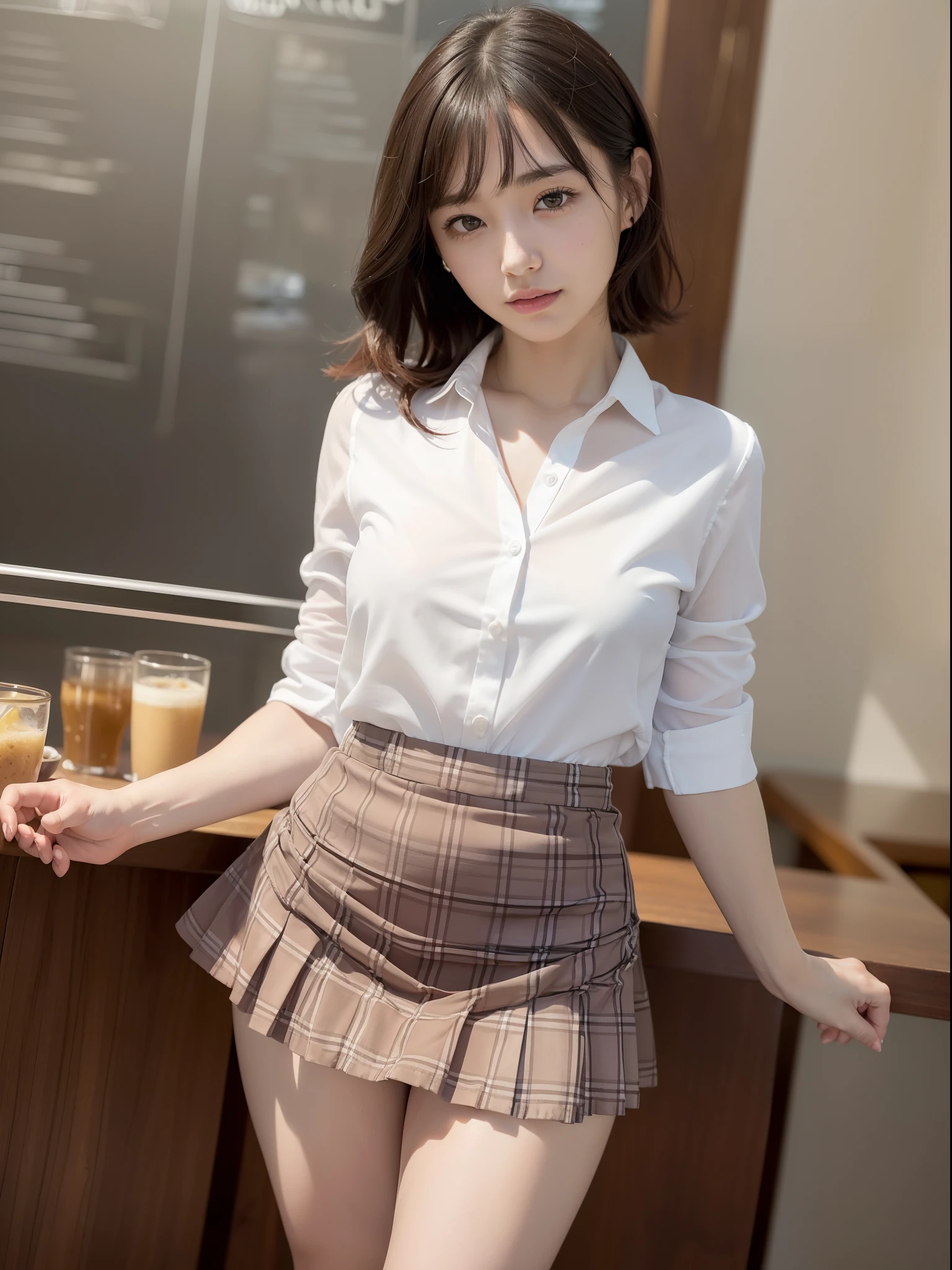 ((of the highest quality, 8K, masutepiece: 1.3, Raw photo)), Sharp Focus: 1.2, (1 AESPA Girl :1.1), Solo, (Realistic, Photorealistic: 1.37), (Face Focus: 1.1), Cute face, hyperdetailed face, short messy hair, small breasts, flat chest, nude, (chiffon shirt, chiffon skirt: 1.3), (Panties are visible), Blushing, Panties are visible from the skirt, (Lift the hem of the skirt, Lift the hem of the skirt with both hands, Lift the hem of the skirt yourself, Showing her panties: 1.6), standing, Classroom, depth of fields, Bokeh in the background, Cattleya