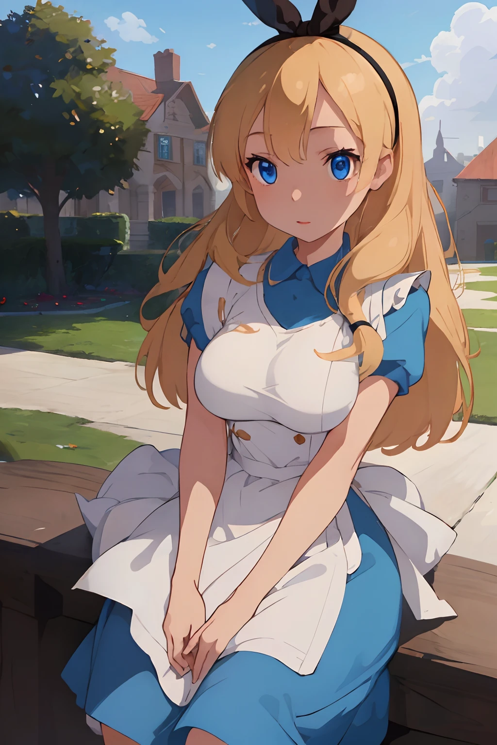 (masterpiece、top-quality;1.3)、ighly detailed、1girl in、atlibrary、alice liddell、Black Hair Band、Blonde long hair、big breast beauty、ssex