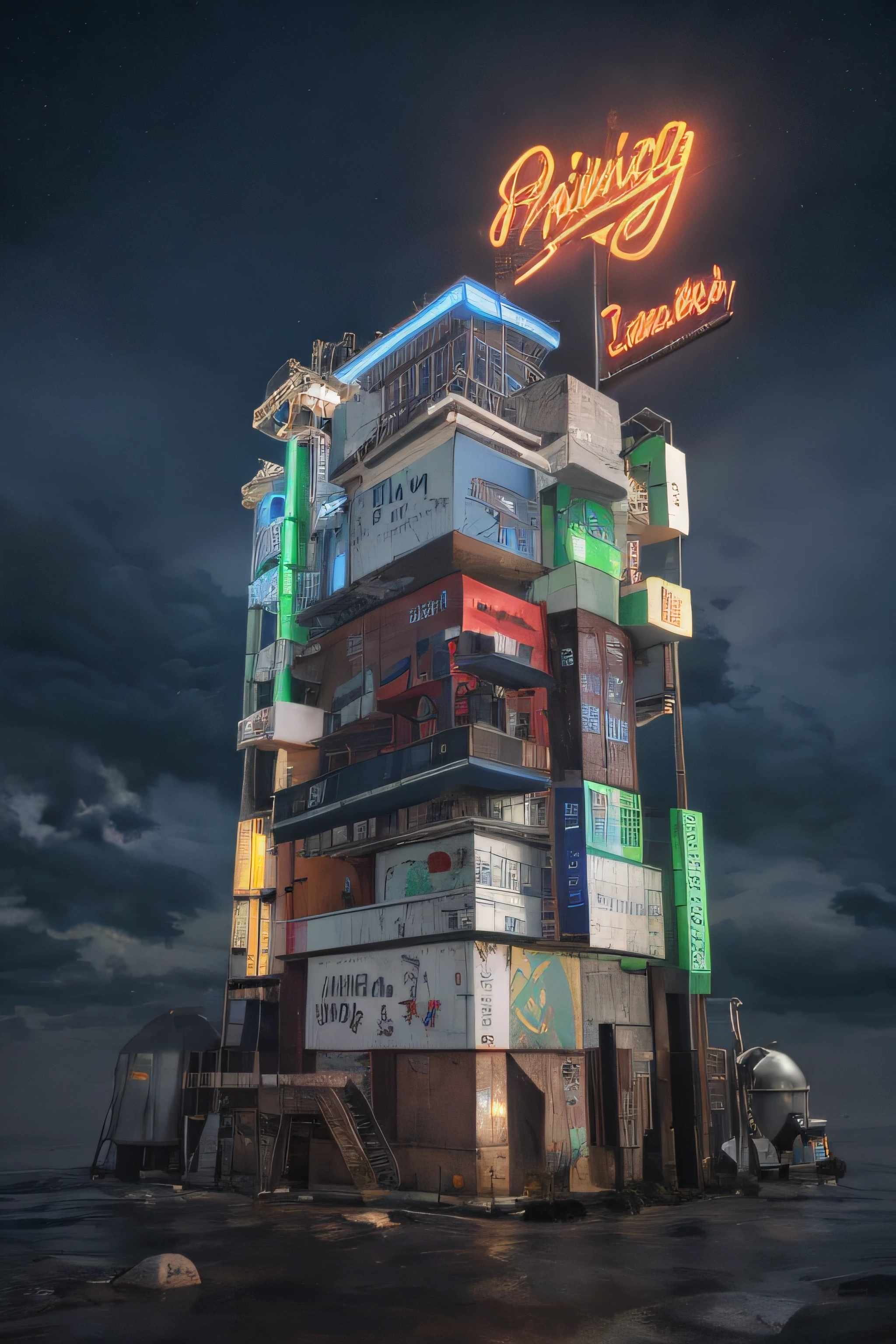 (photo), (best quality), (rainbow:1.1), multicolored Container_building, wasteland in a fantasy world, surreal, grey skies, sunbeam, post-apocalyptic world, (tower:1.5), detailed, high resolution, 8k, high saturation