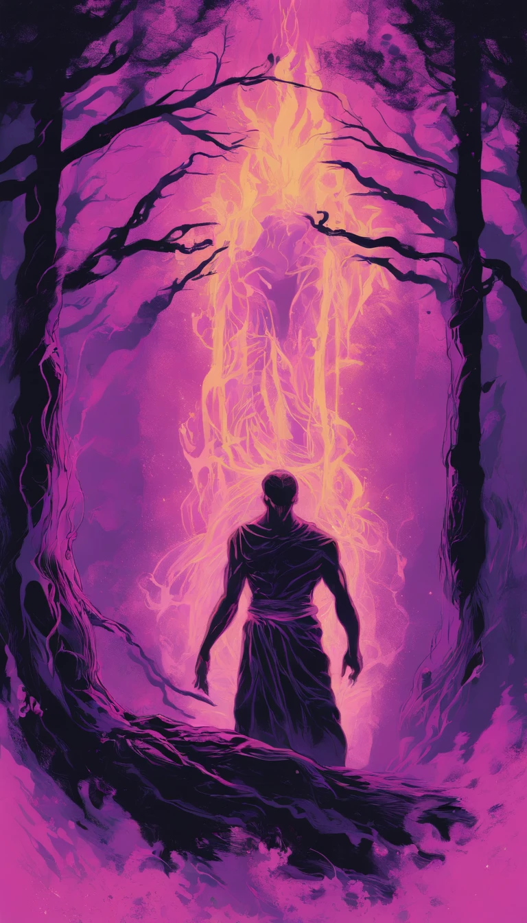 In the middle of an ancient forest and covered with vegetation, The essence of magic takes shape through a young man, seus cabelos leves como a neve e seus olhos uma chama rosa radiante. A mystical mark adorns his neck, cintilante com poder latente. Dentro de uma clareira, He is swallowed by a cascading torrent of purple flames, o calor do fogo temperado por uma energia sobrenatural. Like the magic fire spirals and dances, evokes a spinning dance of luminous particles, each a fragment of his ethereal aura. Arcane symbols materialize in the air, its glow casting a sinister light on his intense focus. The scene exudes a sense of ancient power and occult knowledge, As if the woods themselves were alive with long-forgotten secrets. The atmosphere is of serene intensity, where the balance of nature and magic intertwine. The illustration style captures this mystical aura through detailed digital art, combinando linhas intrincadas com paletas de cores vibrantes. --AR 16:9 --V 5