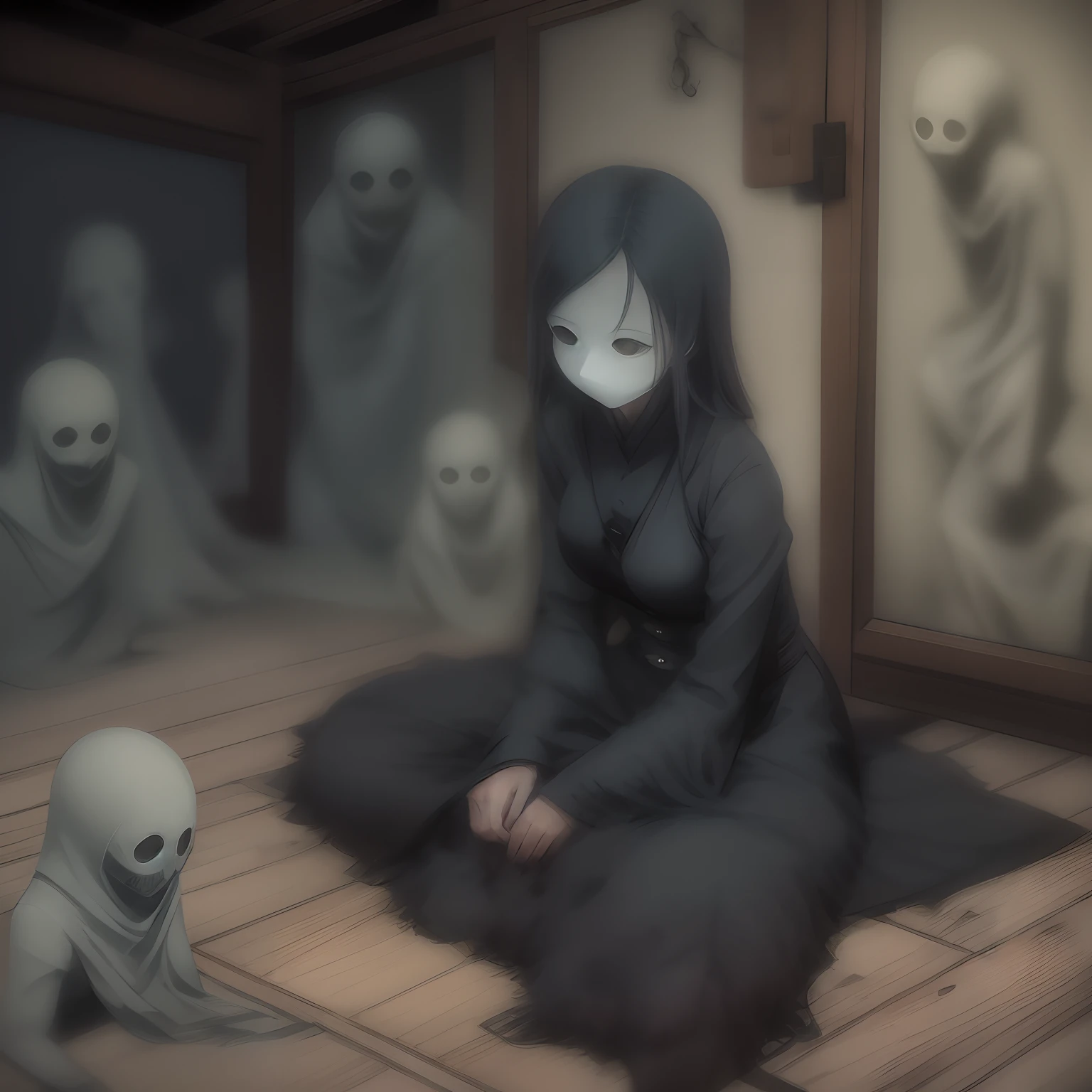 Jun grudges, Kazuko, Age 30, A MILF, Mature woman,Yu Ling, Crawl on the dimly lit attic floor:1.4, (Faceless:1.4), Ghostly figures lurk in the shadows,The eerie portrait seems to be watching her every move.