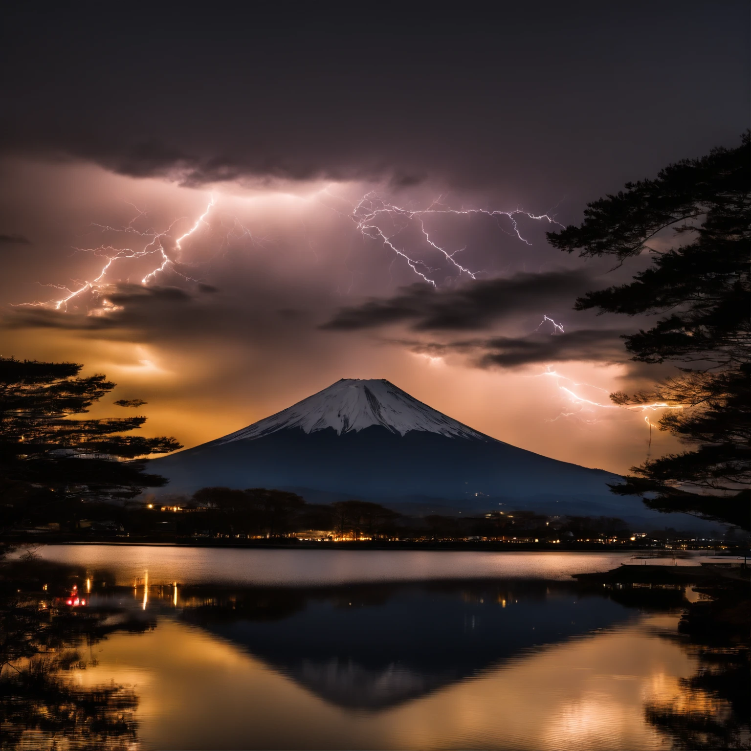 Master Parts、Superior Quality、superior image quality、The 8k quality、Beautiful photos of lightning:1.9、magnifica、(mont. Fuji seen from Lake Shoji:1.9)、Only the surface of the lake, the mountains and the sky:1.9, (((Dramatic Lightning:1.9)))