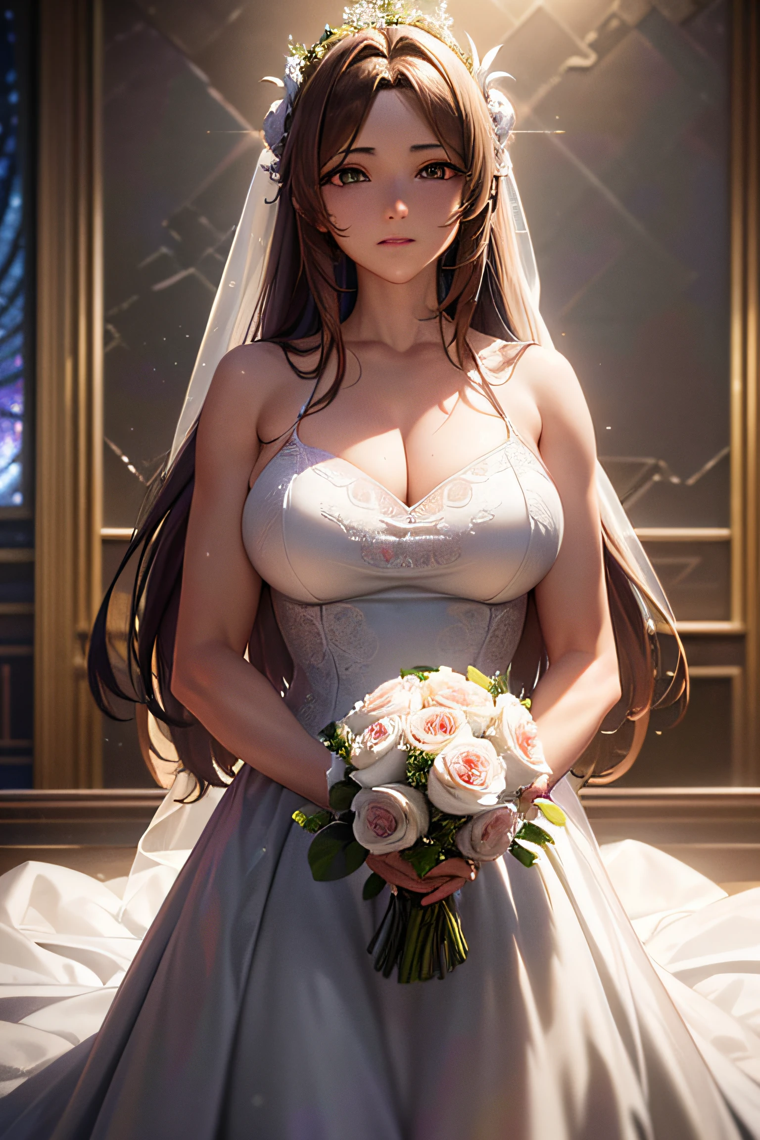 masterpiece, best quality, high detail, ultra detail, Uhd, 4k, 4280x2240, depth field, (hdr:1.9), correct anatomy, Belldandy wearing a wedding dress, dreaming wedding dress, looking at viewer, holding a wedding bouquet