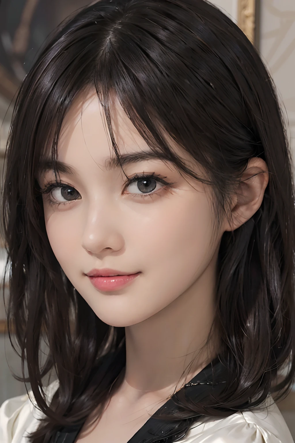 (((Black shorthair))), (Louvre Museum), Pose Seductive, (A hyper-realistic), (Illustration), (Increased resolution), (8KUHD), (Extremely detailed), (Best Illustration), (Beautiful and detailed eyes), (Best Quality), (ultra-detailliert), (masutepiece ), ( Wallpaper), (Detailed face), Solo, 1人の女性, Fine details, Detailed face, Deep Shadows, lowkey, pureerosfaceace_v1, Smiling, 46 point slanted bangs