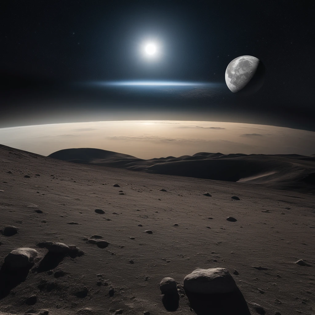 Master Parts、Superior Quality、superior image quality、The 8k quality、Beautiful pictures of the starry sky、magnifica、Arched Milky Way:1.25、Alafed view of Earth from the lunar surface, Lunar surface, space photo, On the moon, Lunar background, moon background, on the moon, Lunar soil, space photo, The Moon crashes into the Earth, The Moon hits Earth, moonscape, Moon orbiting other satellites, Focus on the Moon, On Moon, number々Craters of:1.9