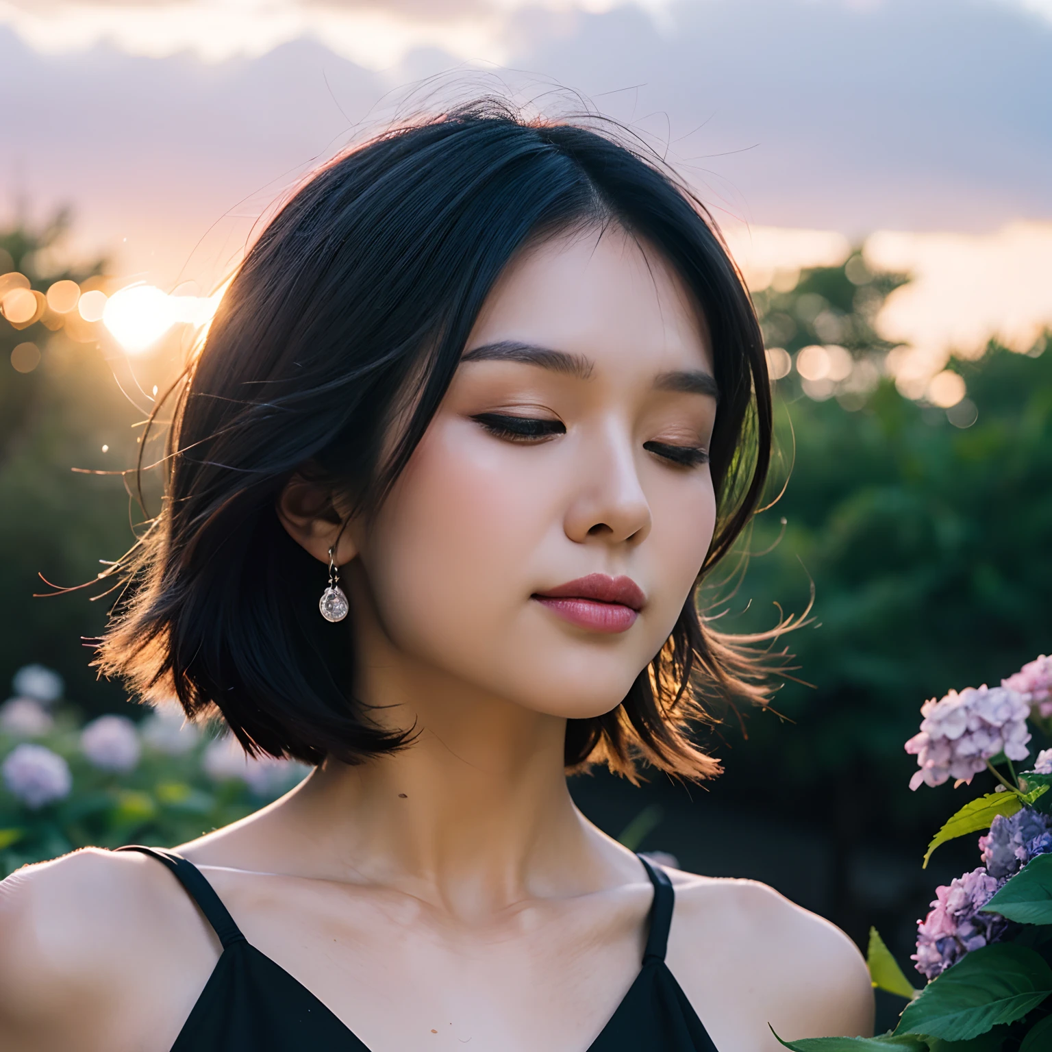 (((Upper body photo, Medium shot)))), ((Single eyelid))),(Sunset backlight))),((Lens flare)),((Lens flare)),(In the Chinese garden Get dressed)),((Super Soft Focus))))), Smiling, (profile)))))), (Eyes closed)))), Twilight, The shower is surrounded by colorful hydrangeas, hydrangeas in the background, ((pastel sunset)), (yinchuan:1.5), Masterpiece, Best quality, RAW photo, Photorealistic, face, Beautiful girl, Cute, Short hair, (((Depth of field)))), high resolution, Ultra detail, finedetail, Very detailed, Cinematic lighting