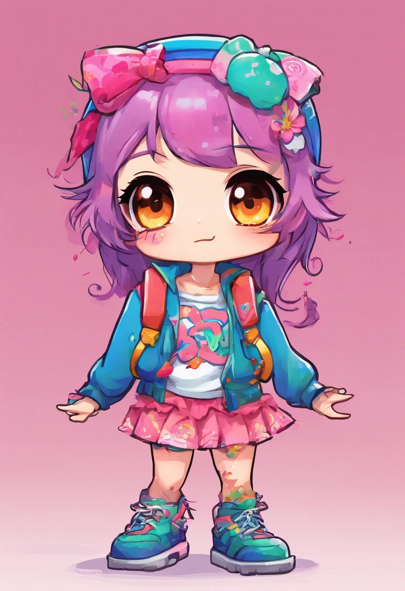 CHibi zombie girl. She's posed with both arms to the left, one higher and one lower, resembling the letter K. One leg is stuck out slightly. She's winking. SHe's dressed in a torn highschool outfit. Cute, Chibi.