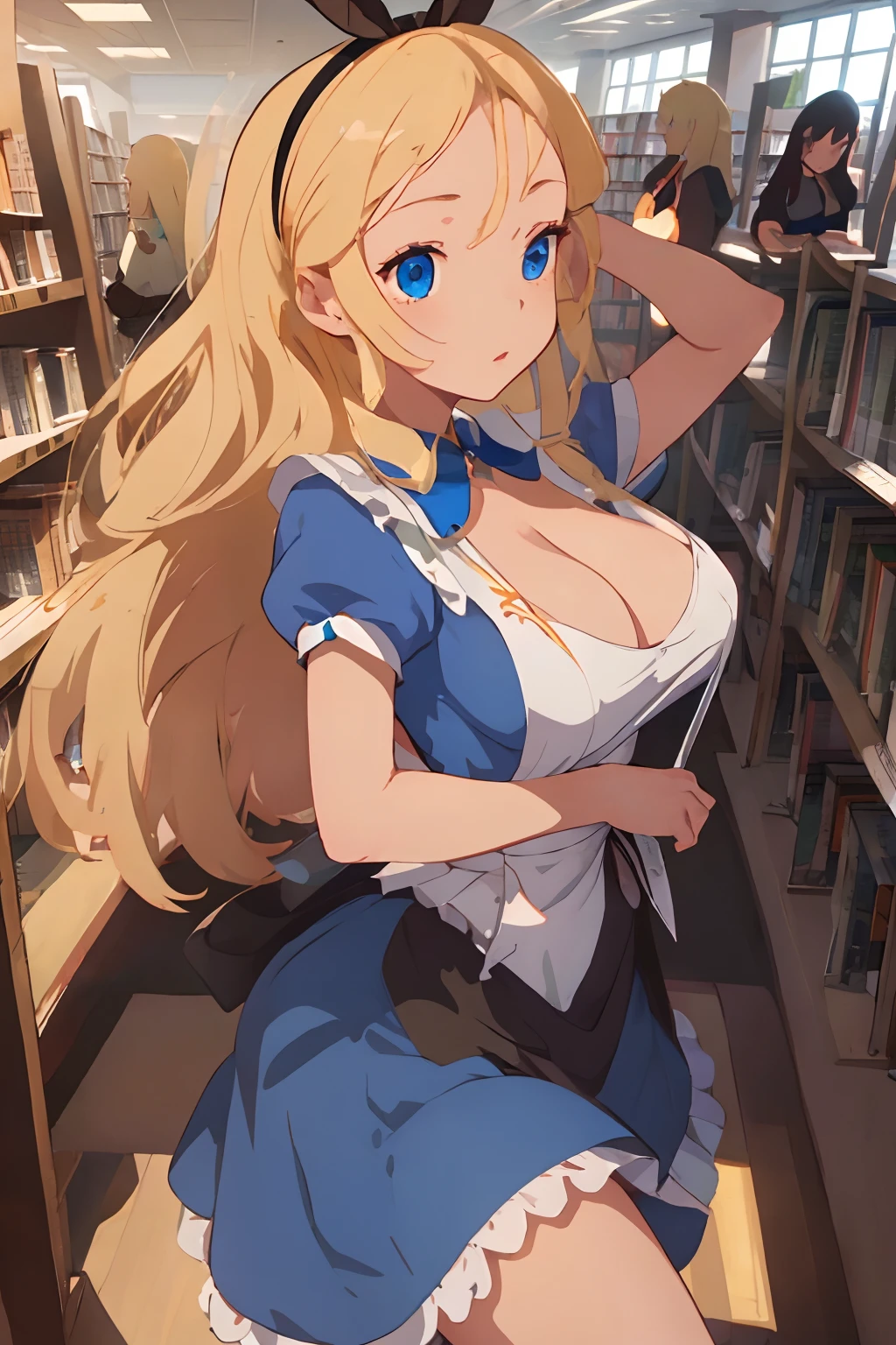 (masterpiece、top-quality;1.3)、ighly detailed、1girl in、atlibrary、alice liddell、Black Hair Band、Blonde long hair、big breast beauty、barechested、deep kissing