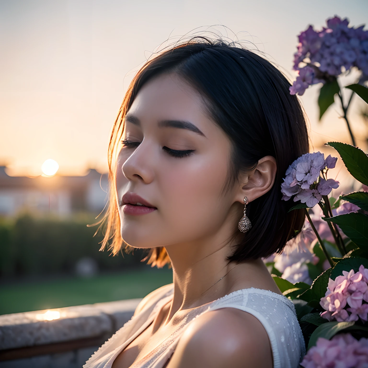 (((Upper body photo, Medium shot)))), ((Single eyelid))),(Sunset backlight))),((Lens flare)),((Lens flare)),(In the Chinese garden Get dressed)),((Super Soft Focus))))), Smiling, (profile)))))), (Eyes closed)))), Twilight, The shower is surrounded by colorful hydrangeas, hydrangeas in the background, ((pastel sunset)), (yinchuan:1.5), Masterpiece, Best quality, RAW photo, Photorealistic, face, Beautiful girl, Cute, Short hair, (((Depth of field)))), high resolution, Ultra detail, finedetail, Very detailed, Cinematic lighting