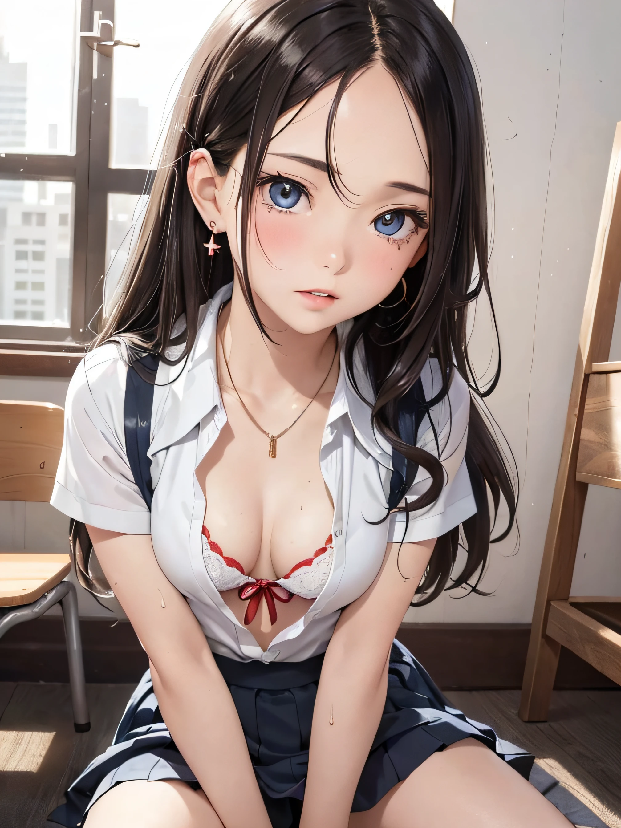 (masutepiece: 1.3), (max resolution: 1.2), (Ultra HDTV: 1.2), cinematric light, Detailed eyes and skin, detailed facial features, , 8K resolution, (Sharp Focus: 1.2, Perfect Style, Beautiful face, acurate, Anatomically correct, Highly detailed face and skin texture, Detailed eyes, Double eyelids, Thin eyebrows, Glitter Eyeliner: 1.2, Natural cheeks, Glossy skin, Fair skin: 1.2, (Glossy lips: 1.4), (Girls' High School Uniforms:1.2)、 (Shy look: 1.2), 18 instars, Neat and clean woman 、Black brown hair,Wavy Hair、 Semi-long hair, (Focus on Face:1.2), ((Small breasts)), (upturned breasts), (in class room: 1.2)), (She is sitting on the floor:1.2.)), Highly detailed facial and skin texture, Detailed eyes, Double eyelids, Natural cheeks, Green-gray eyes,a necklace、 shiny small earrings, shiny lips: 1.4,Exposed cleavage、(A large amount of sperm in the chest:1.4)(Large amount of sperm in the thighs:1.2)、red blush、Tears are embarrassing、White underwear、White bra、Open knees、open one's legs、Masturbation behavior、Disheveled clothes、Dressing、Exposed panties、Wearing sweat、sodden、Sheer underwear、Maids、humiliated、impatience、dismay、Frightened、glares、blue eyes、Full-body angle of view、from the front side、red blush、
, Capture a low-light image, with minimal lighting and a focus on the subtle details and atmosphere of the scene.
BREAK
, Capture an urban cityscape, featuring towering buildings, bustling streets, and a dynamic atmosphere.
BREAK
, Create a scene of children playing, capturing their innocence, energy, and sense of wonder and exploration.
BREAK
, Create an image inspired by the beauty of Japanese ukiyo-e, with delicate lines, flat colors, and an emphasis on pattern and composition.