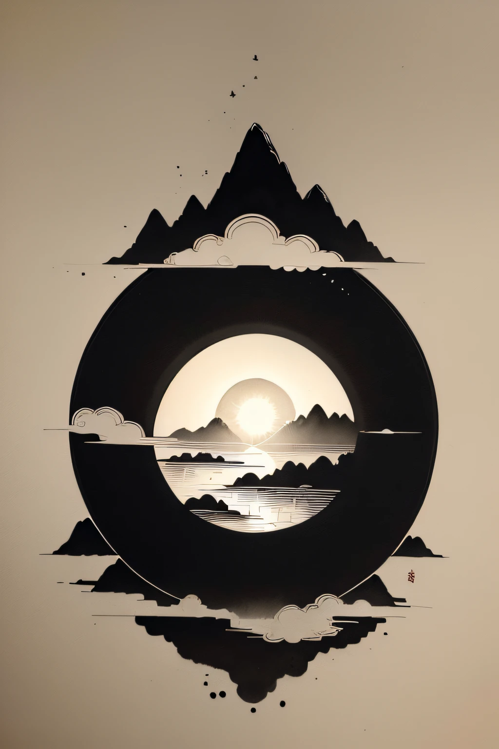Traditional Chinese watercolor,suns,Seedlings that thrive,Two connected peaks,Black and white ink painting