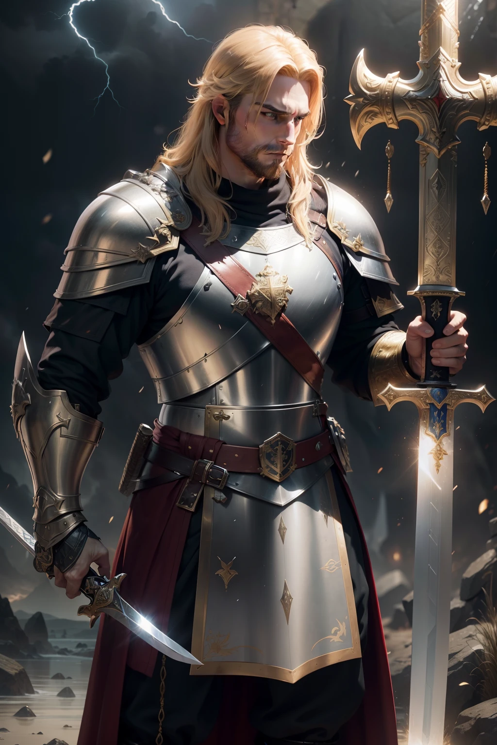 ((Sword and Shield held close to his chest)), a massive great broad sword, a round golden shield held before, A fierce and noble English knight stands tall in the midst of a raging storm, his chainmail glinting in the lightning as he bravely defends his ruined castle, a large Christiaan cross on his chest plate, and a large golden Christiaan cross on his shield, Rendered in stunning 24k resolution, every intricate detail of his shield and sword is brought to life, a symbol of his unwavering faith and courage